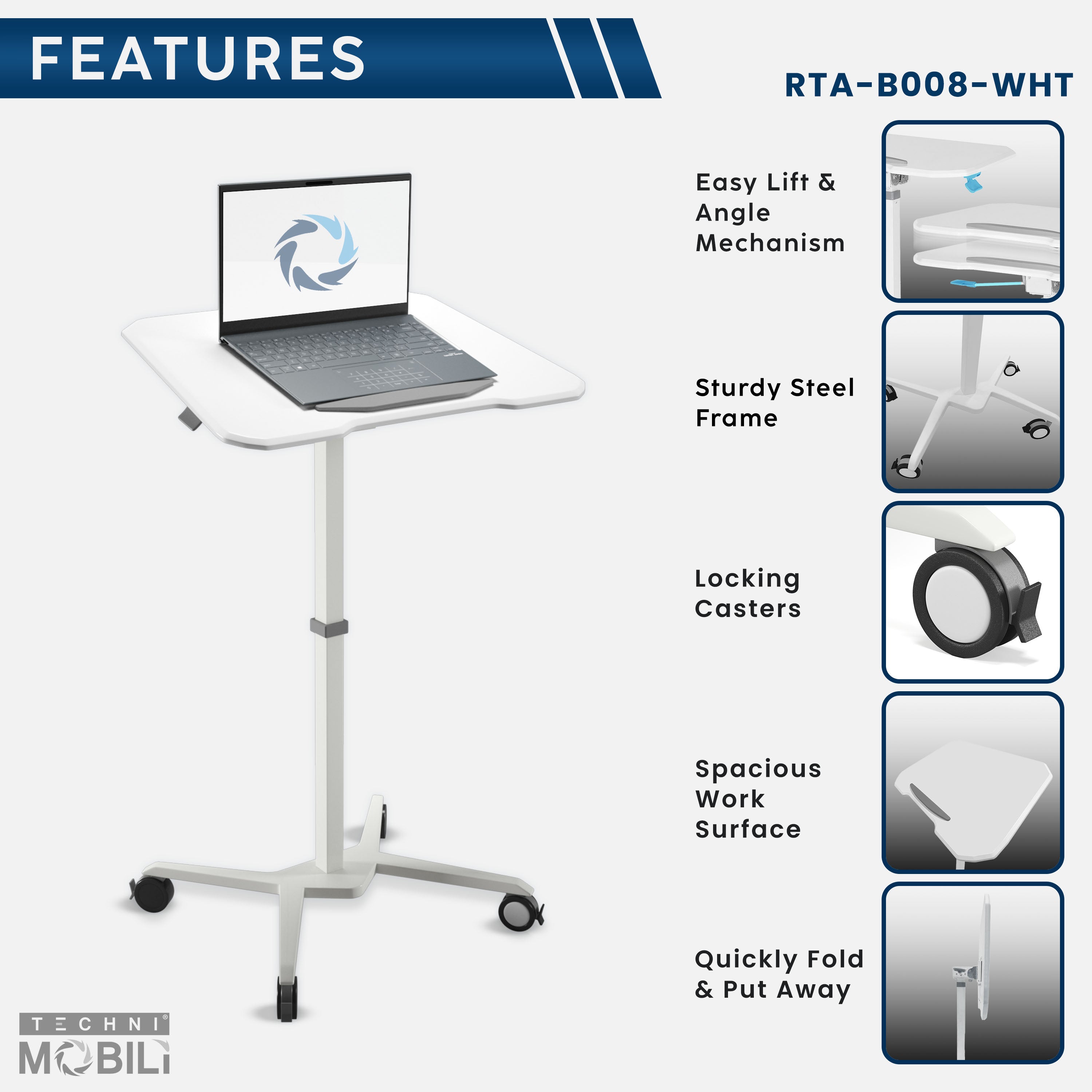 koorbiir d4 White Standing Desk Laptop Cart with Adjustable Height and Tilting Desktop