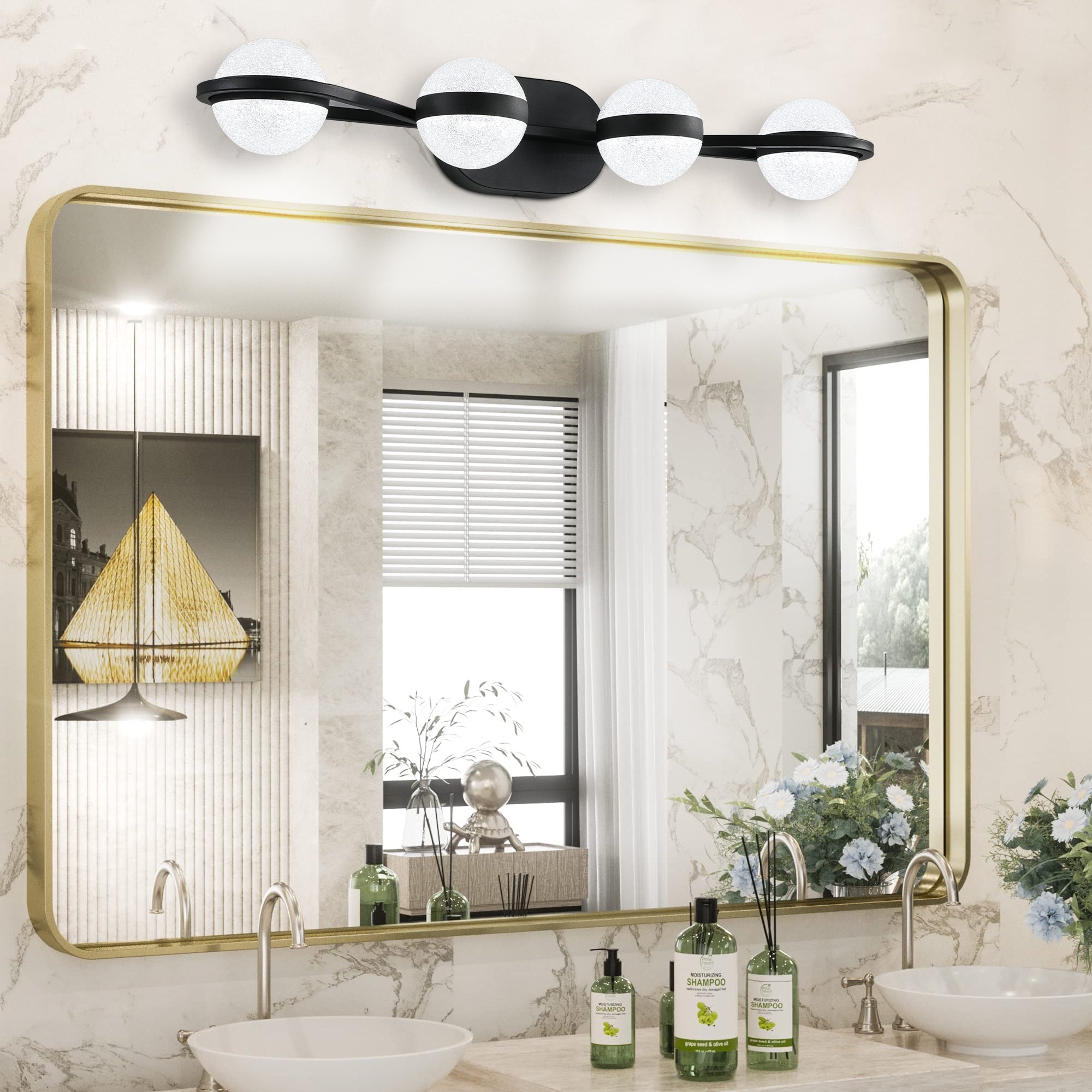 koorbiir L3 30 Black LED Bathroom Vanity Lighting Fixture with Crystal Acrylic Shades ¨C 4 - Light Wall Mounted Modern Mirror Lighting - Koorbiir