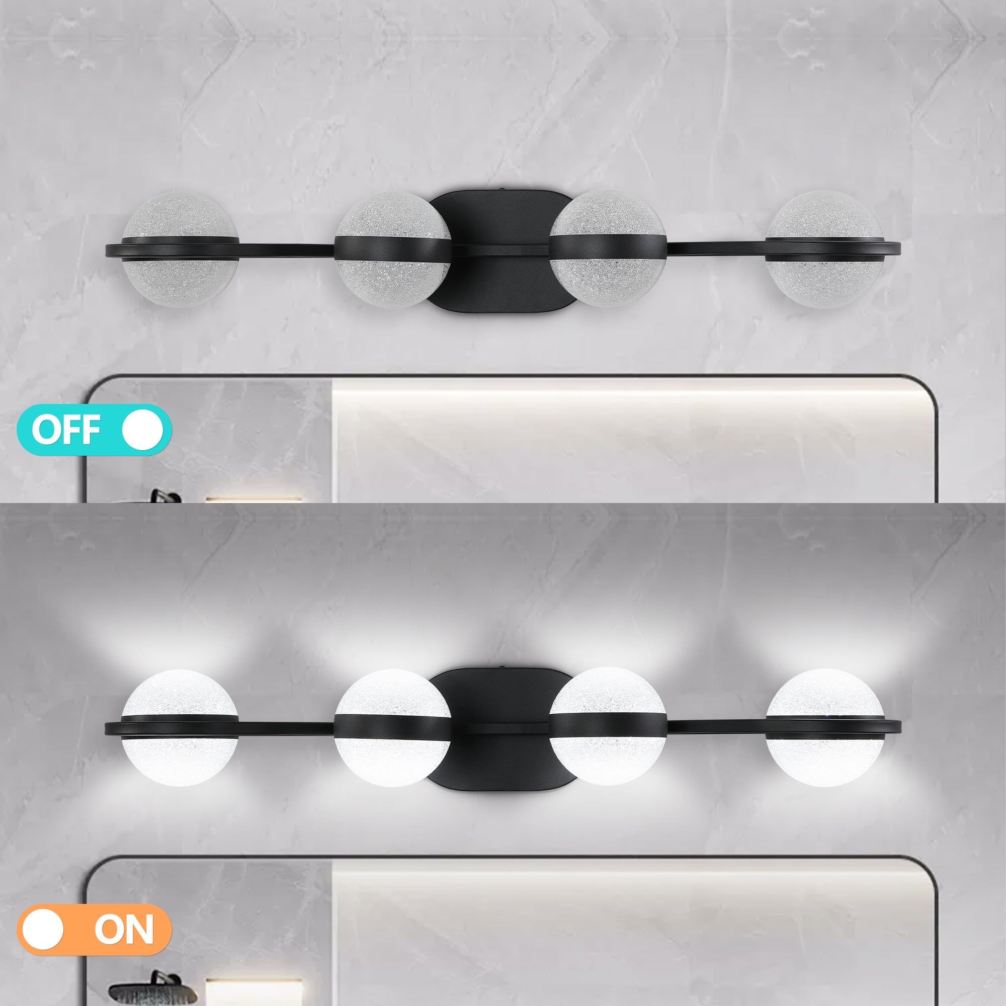 koorbiir L3 30 Black LED Bathroom Vanity Lighting Fixture with Crystal Acrylic Shades ¨C 4-Light Wall Mounted Modern Mirror Lighting