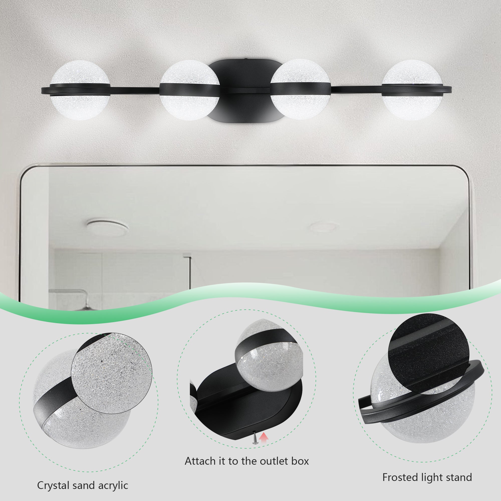 koorbiir L3 30 Black LED Bathroom Vanity Lighting Fixture with Crystal Acrylic Shades ¨C 4-Light Wall Mounted Modern Mirror Lighting