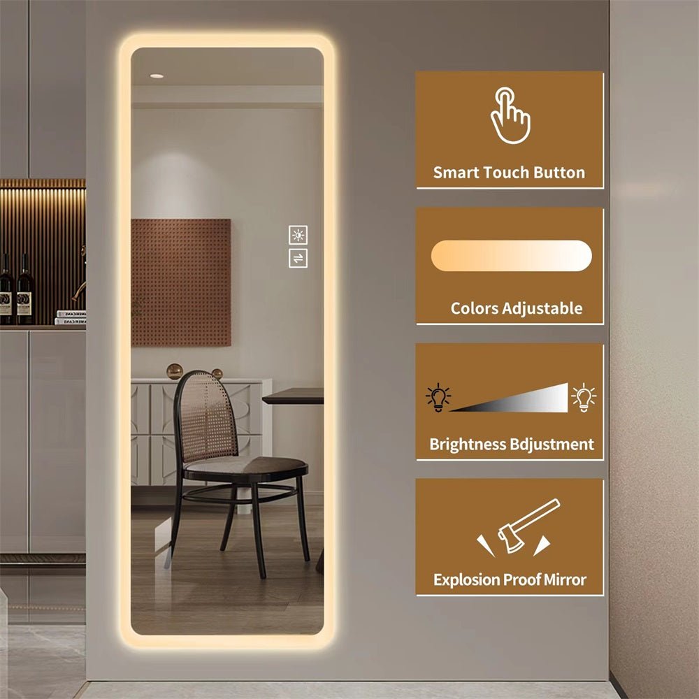 koorbiir mi6 65x24 Full Length LED Floor Mirror, Wall - Mounted Body Mirror with Dimming & 3 Color Modes for Bedroom, Full - Size Mirror with Integrated Lights - Koorbiir