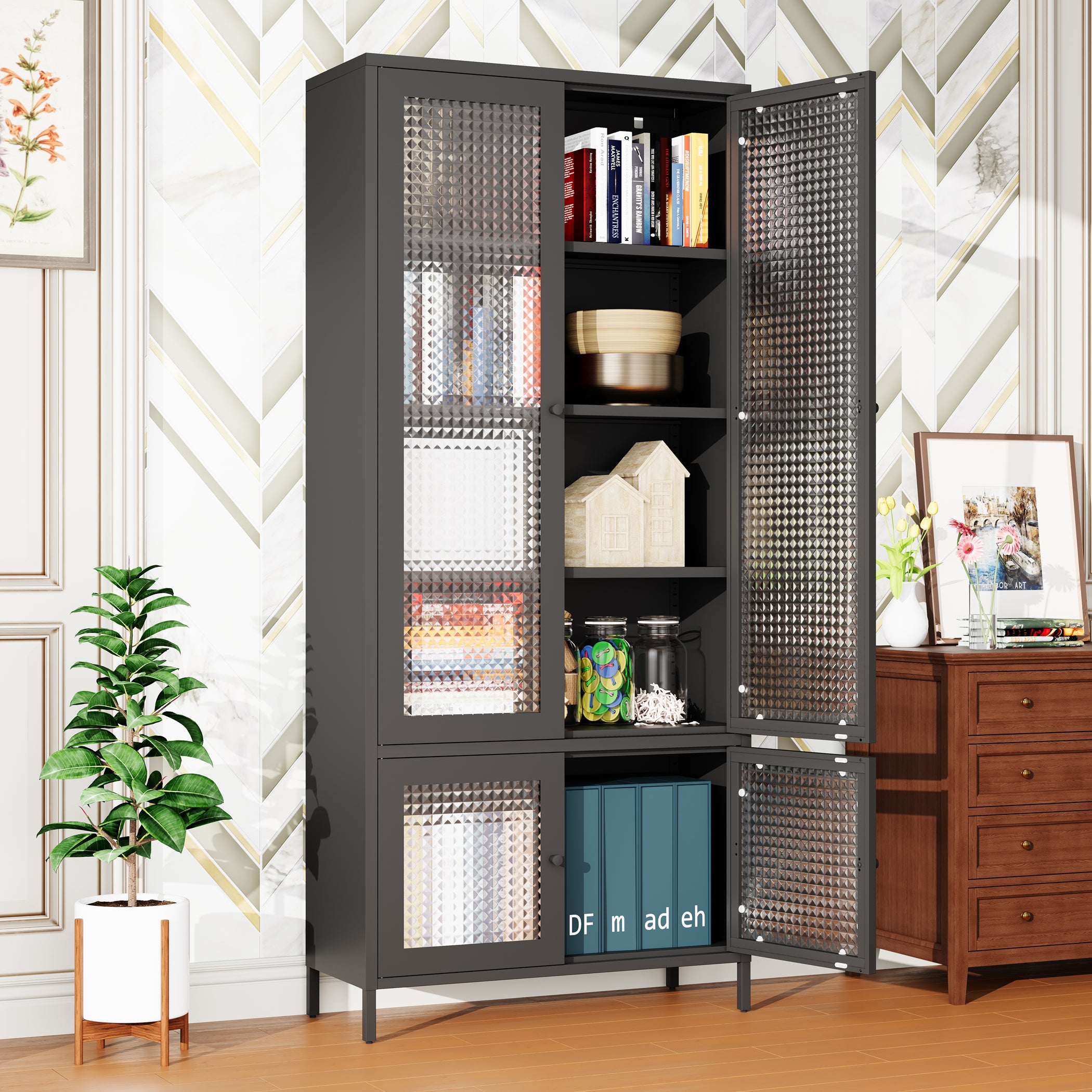 Large Metal Storage & Office Cabinet with 4 Waffle-Grid Tempered Glass Doors, 5 Adjustable Shelves ¨C Freestanding Display Bookcase for Home, Bedroom, Living Room, Pantry, Office ¨C Black