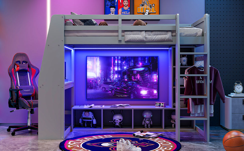 koorbiir G4 Wood Full Size Gaming Loft Bed with Built-In Gaming Desk, Multi-Storage Shelves, LED & Hanging Clothes Rack ¨C Gray