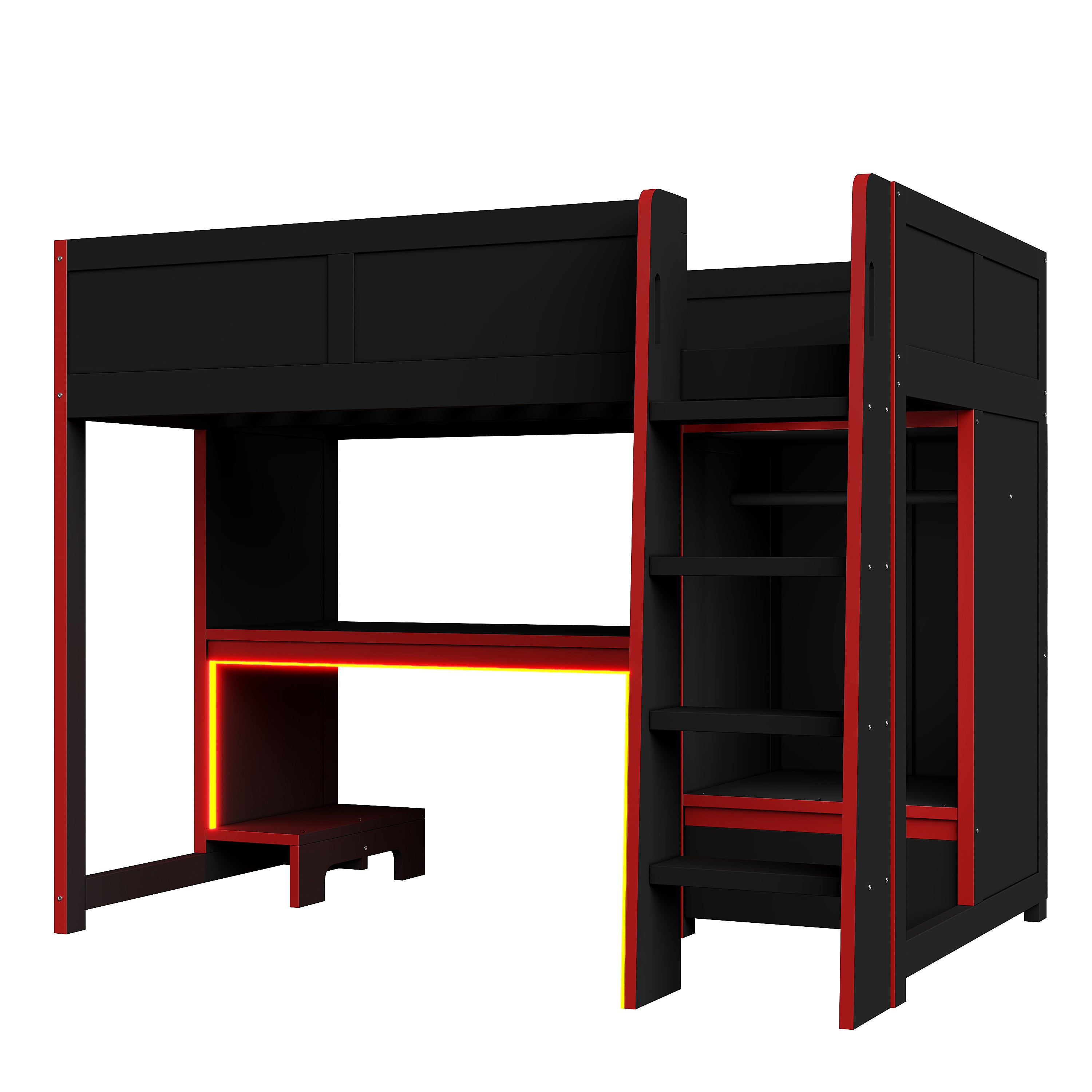koorbiir G1 Wood Full-Size Gaming Loft Bed with Built-In Gaming Desk, Wardrobe, LED Lighting & Drawer ¨C Black