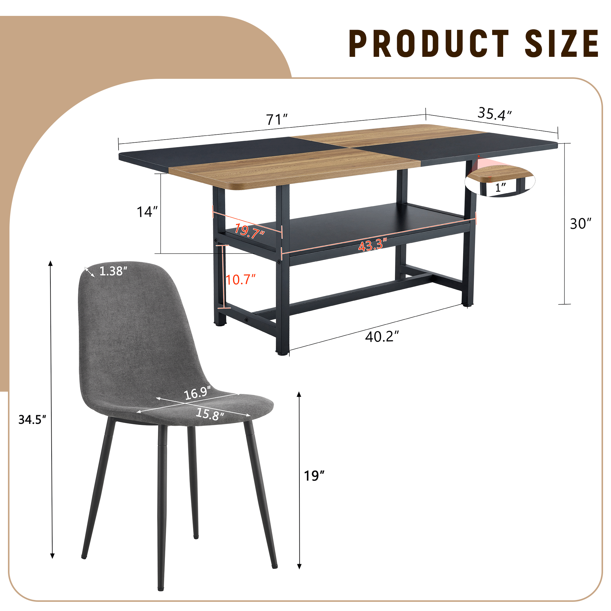 koorbiir ta3 71" x 35.4" Wooden & Black Spliced Dining Table with Middle Storage ¨C 6 Light Gray Linen Fabric Chairs, Sturdy Metal Frame, Table Linens Included