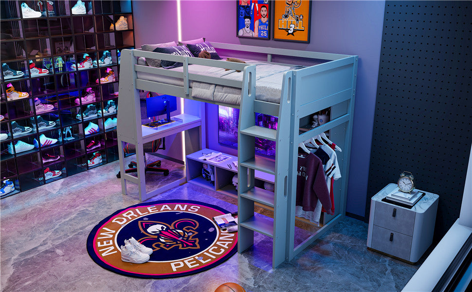 koorbiir G4 Wood Full Size Gaming Loft Bed with Built-In Gaming Desk, Multi-Storage Shelves, LED & Hanging Clothes Rack ¨C Gray