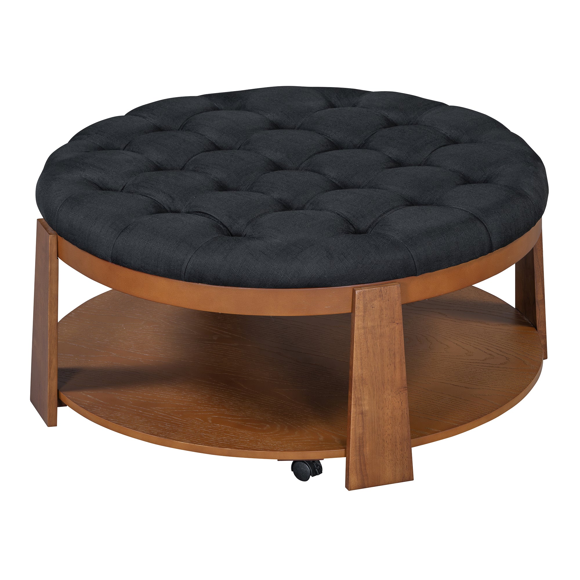 koorbiir ta1 Modern Large Round Ottoman Coffee Table with 2-Tier Wood Shelf Storage ¨C Oversized Button Tufted Upholstered Footrest Ottoman on Wheels, Waterproof Table Linens for Living Room