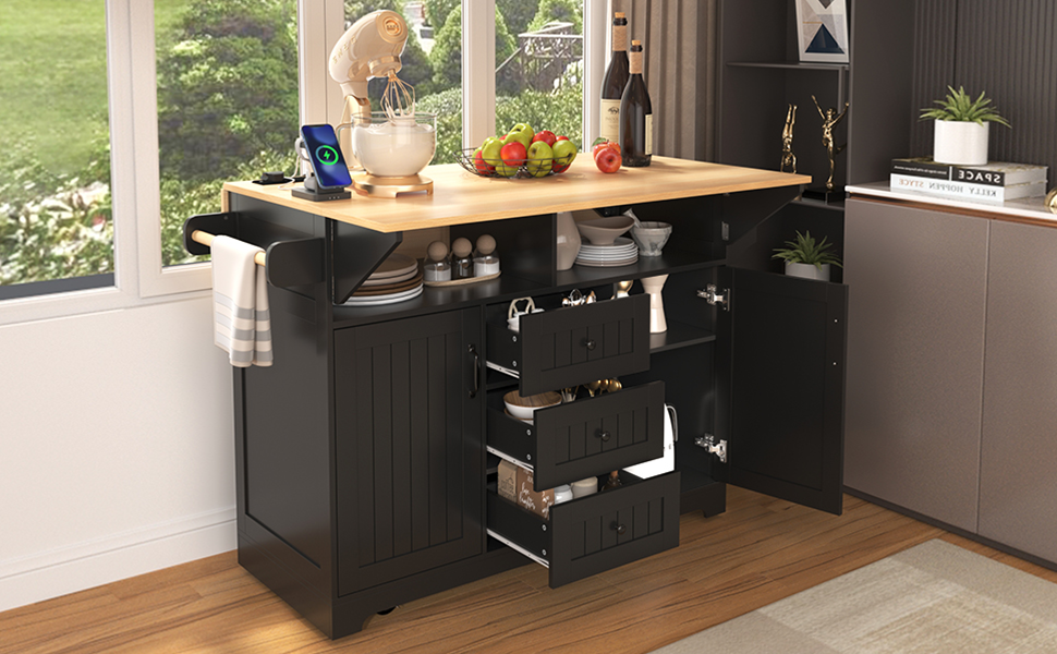 koorbiir k2 K&K 55.7" Large Kitchen Island with Storage, 2 Drop Leaves, Rolling Kitchen Cart with Power Outlet, Folding Dining Table, 3 Drawers & Spice/Towel Rack ¨C Mobile Kitchen Storage for Kitchen & Dining Room, Black