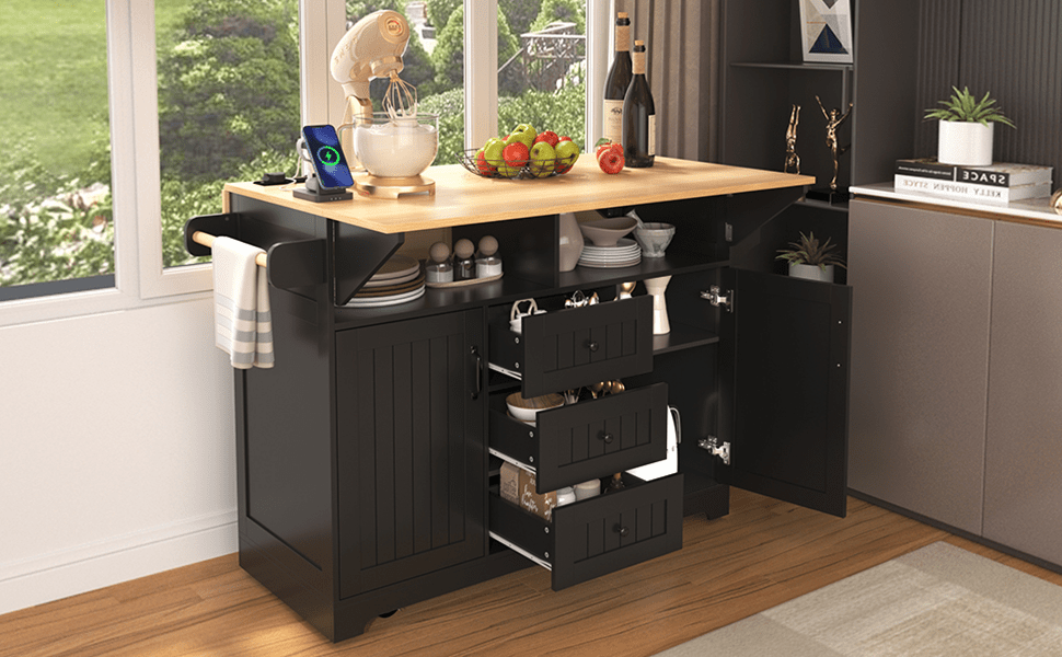 koorbiir k2 K&K 55.7" Large Kitchen Island with Storage, 2 Drop Leaves, Rolling Kitchen Cart with Power Outlet, Folding Dining Table, 3 Drawers & Spice/Towel Rack ¨C Mobile Kitchen Storage for Kitchen & Dining Room, Black - Koorbiir