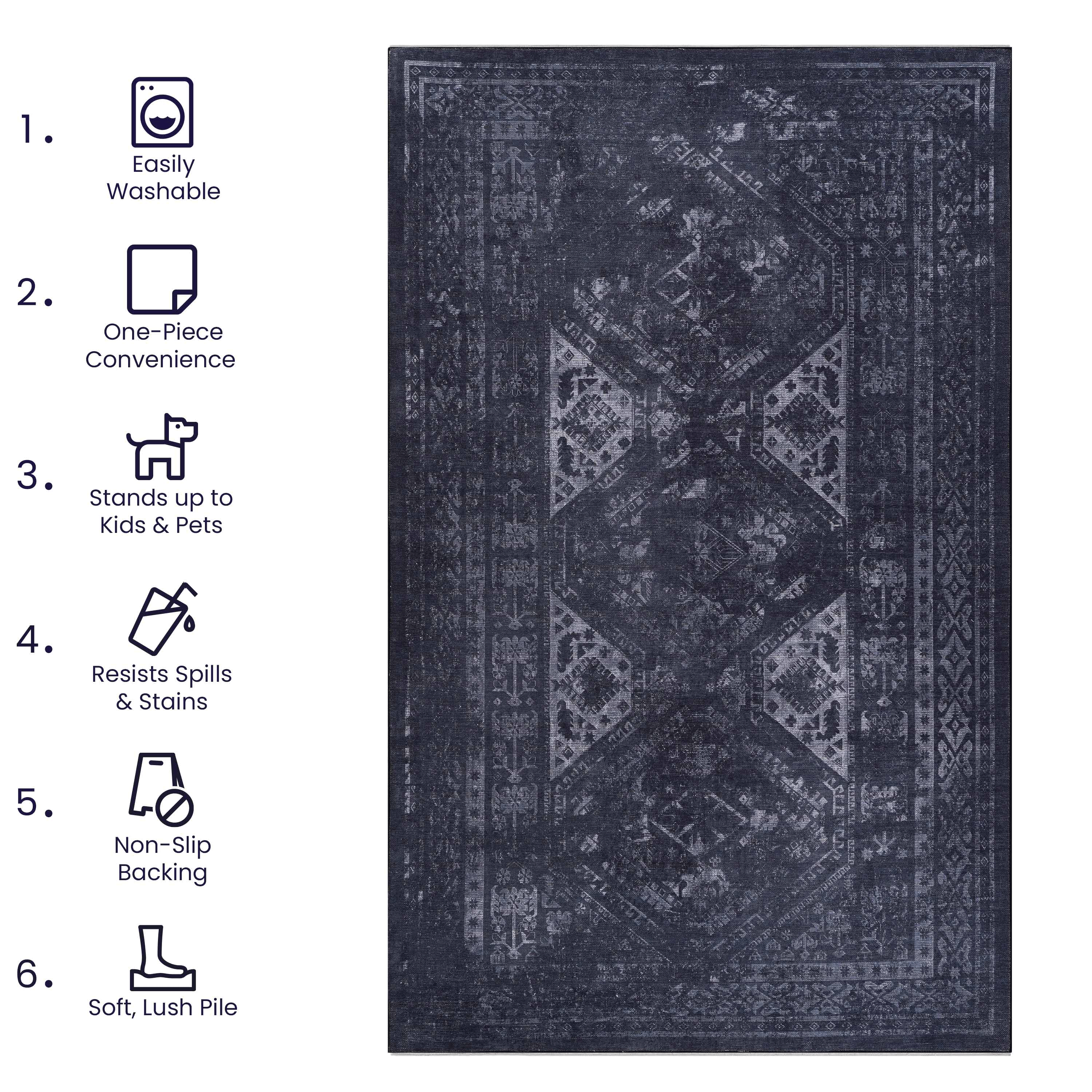 koorbiir R1 9x12 Black and Gray Washable Area Rug ¨C Durable Large Floor Rugs for Living Room and Bedroom