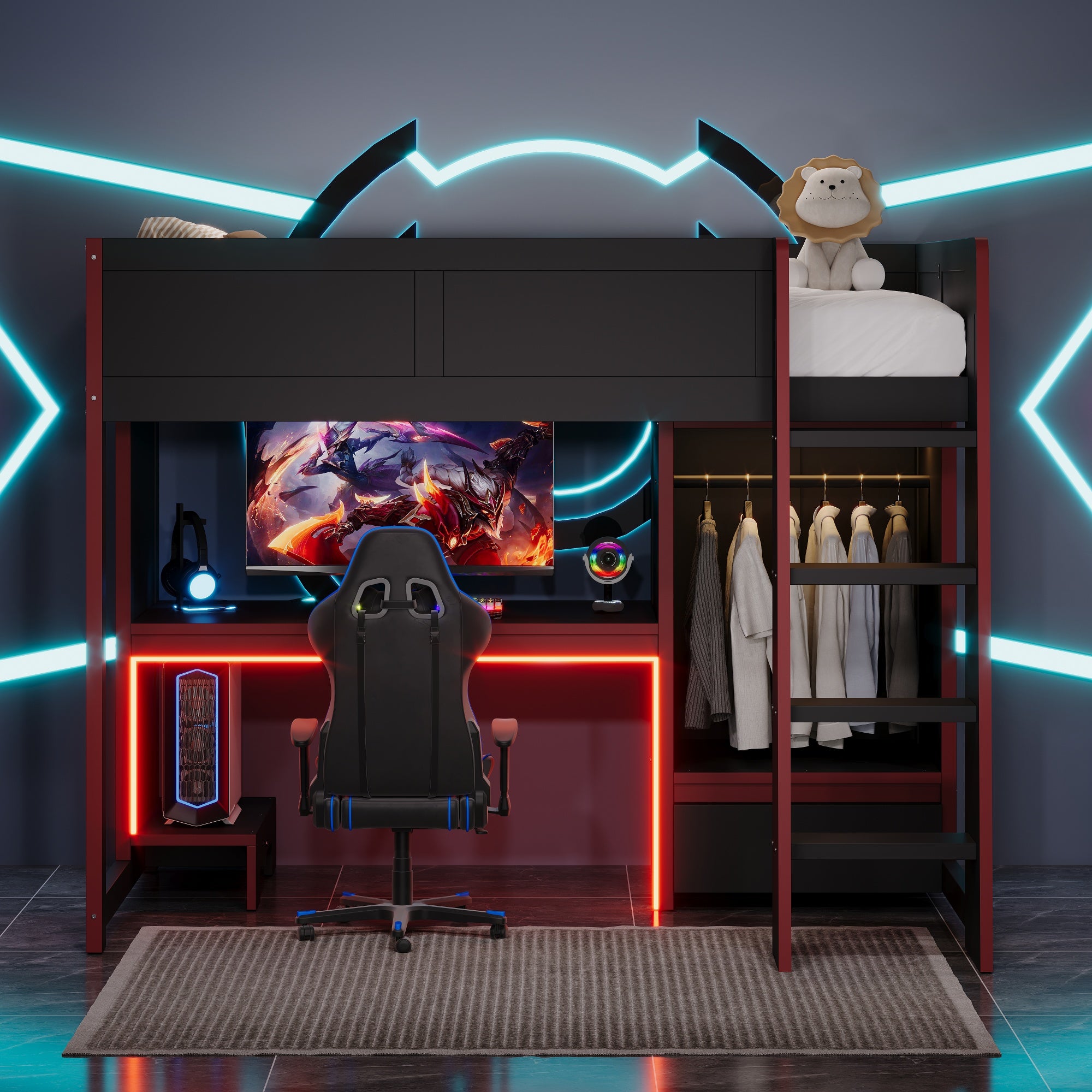 koorbiir G1 Wood Full-Size Gaming Loft Bed with Built-In Gaming Desk, Wardrobe, LED Lighting & Drawer ¨C Black