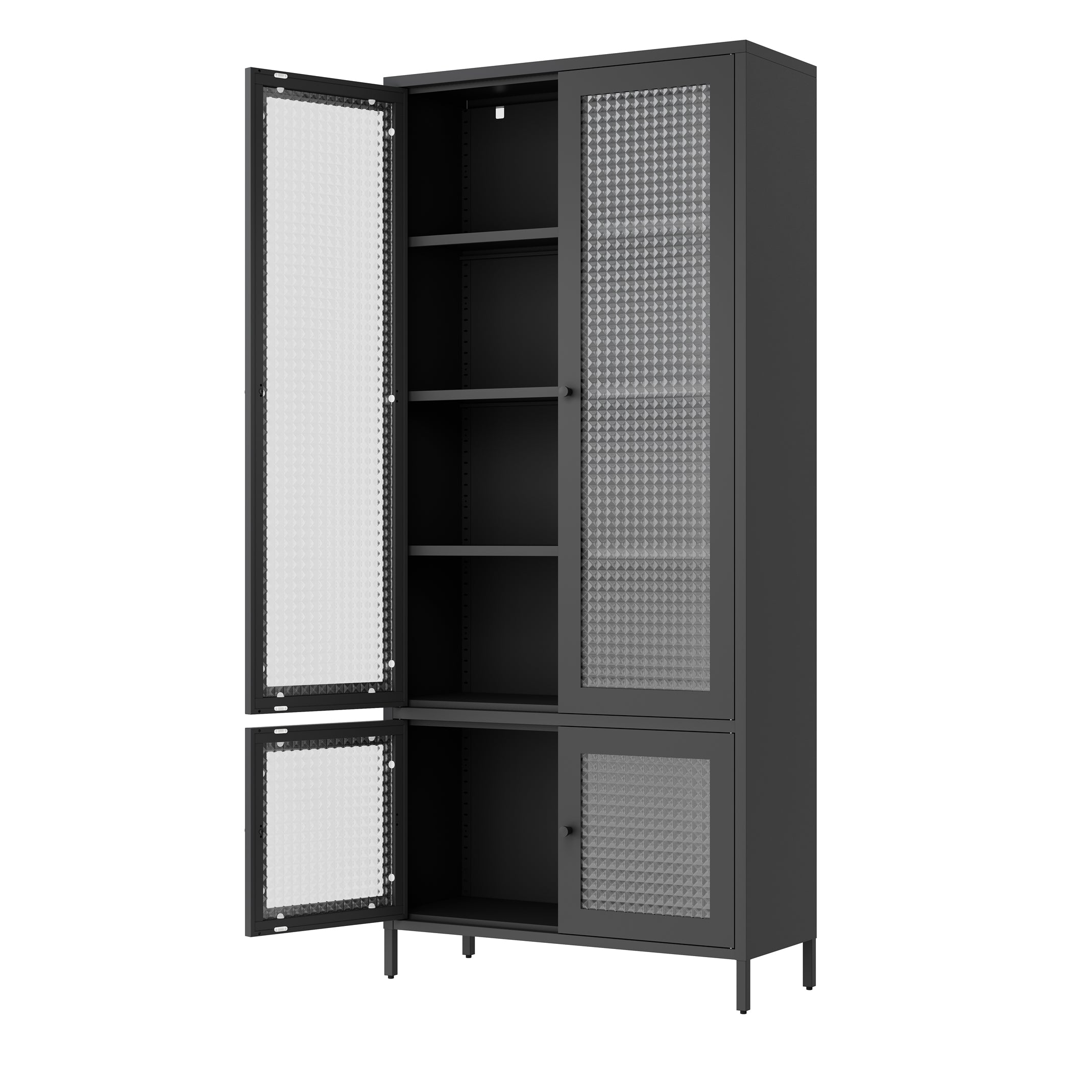 Large Metal Storage & Office Cabinet with 4 Waffle-Grid Tempered Glass Doors, 5 Adjustable Shelves ¨C Freestanding Display Bookcase for Home, Bedroom, Living Room, Pantry, Office ¨C Black