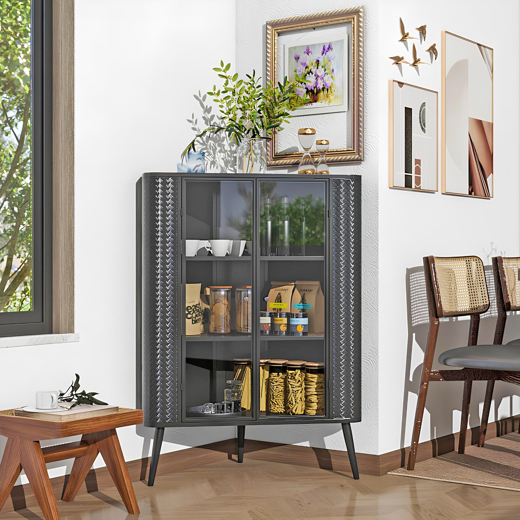 Modern 3-Tier Corner Storage Cabinet with Tempered Glass Doors ¨C Freestanding Metal Frame Organizer for Bathroom Organization, Kitchen, Bedroom, and Small Spaces