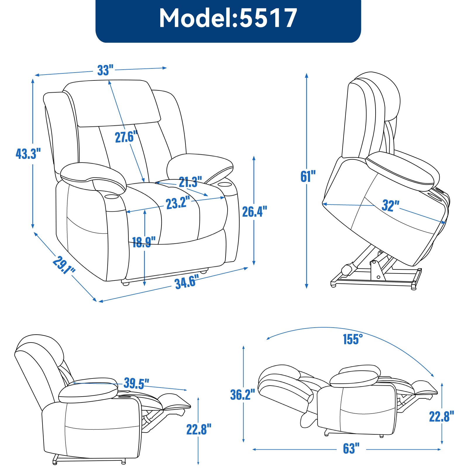 Up to 350 LBS Chenille Power Lift Massage Chair with 8-Point Vibration, Lumbar Heating, USB & Type-C Ports, Stainless Steel Cup Holders ¨C Blue