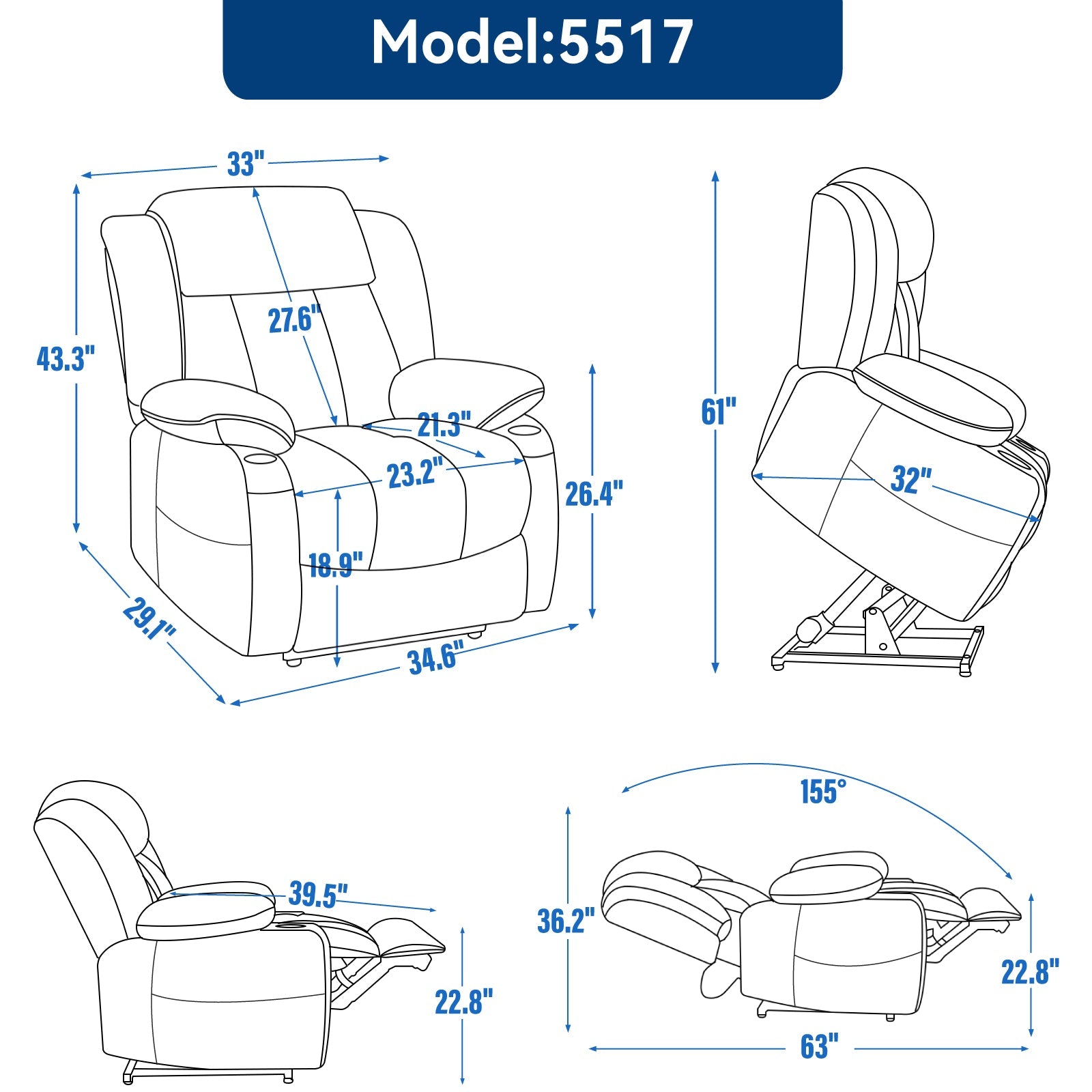 Up to 350 LBS Chenille Power Lift Massage Chair with 8 - Point Vibration, Lumbar Heating, USB & Type - C Ports, Stainless Steel Cup Holders ¨C Blue - Koorbiir