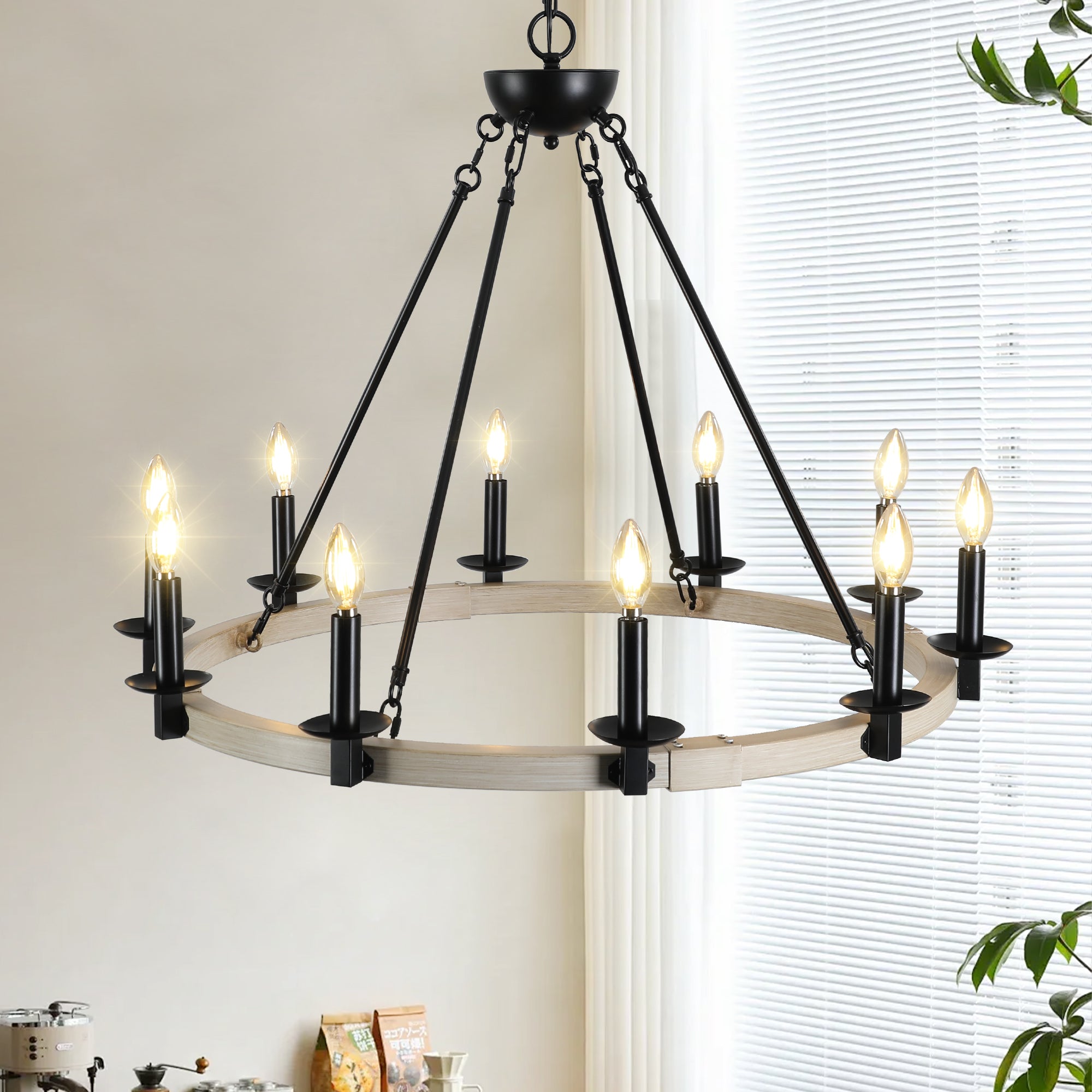 koorbiir ca1 32" Rustic Farmhouse Candle Chandelier, 10-Light Black Metal and Wood Round Hanging Light Fixture for Dining Room, Kitchen & Living Room, Adjustable Height, E12 Bulb Base (No Bulbs)