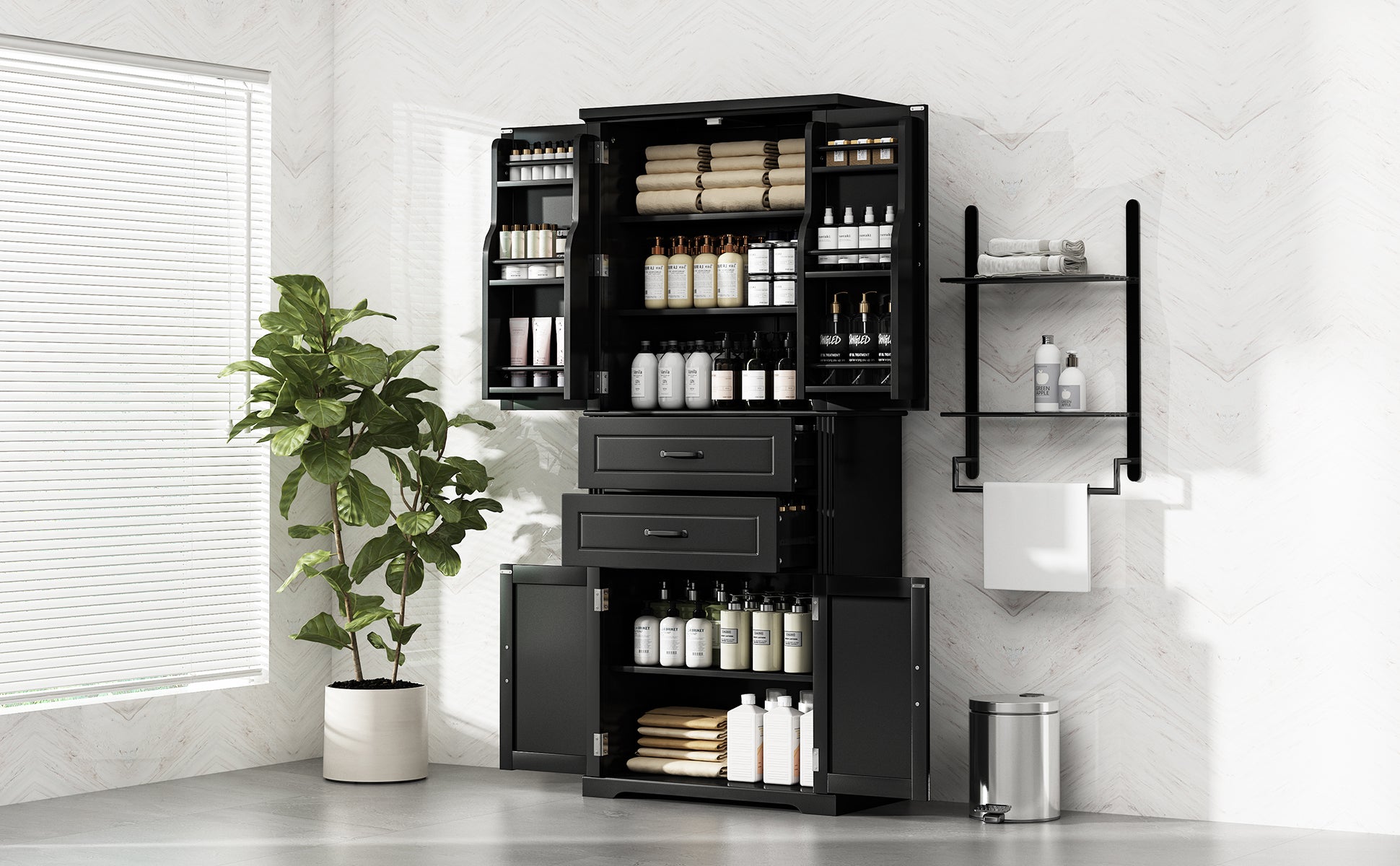 koorbiir k8 Black Storage Cabinet with Adjustable Shelves and 2 Smooth-Gliding Drawers ¨C Multi-Functional Kitchen, Bathroom, Dining, and Living Room Storage Solution