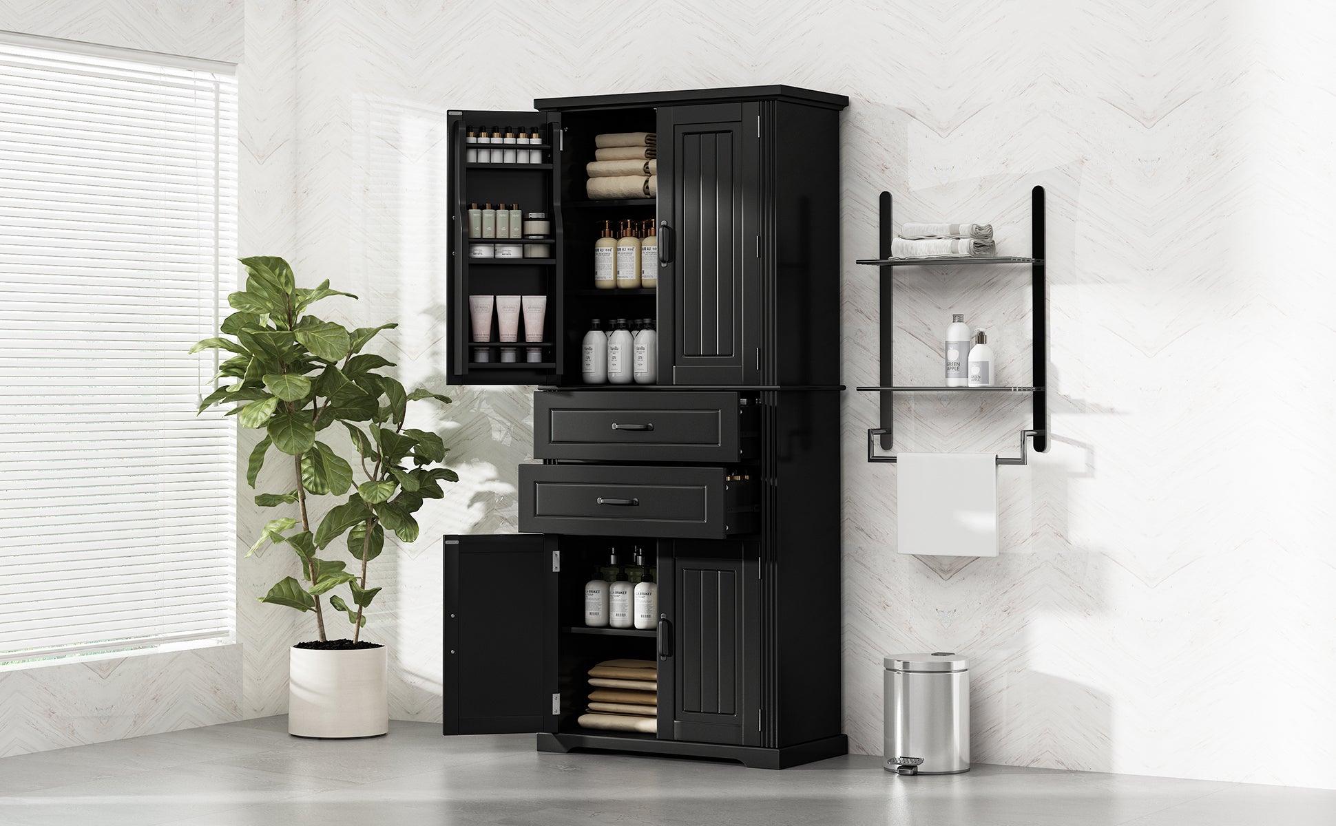 koorbiir k8 Black Storage Cabinet with Adjustable Shelves and 2 Smooth-Gliding Drawers ¨C Multi-Functional Kitchen, Bathroom, Dining, and Living Room Storage Solution