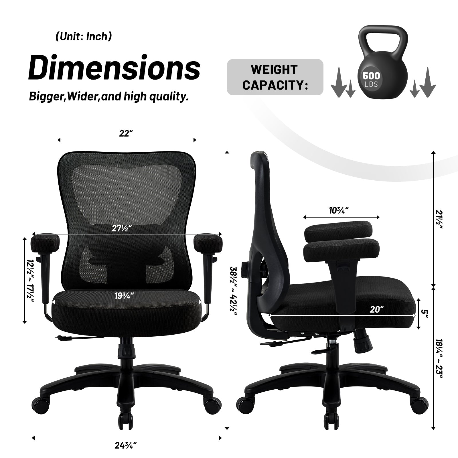 koorbiir m5 Large Ergonomic Mesh Chair ¨C Heavy Duty Executive Office Chair with Thick Cushion and Wheels, Black - Koorbiir