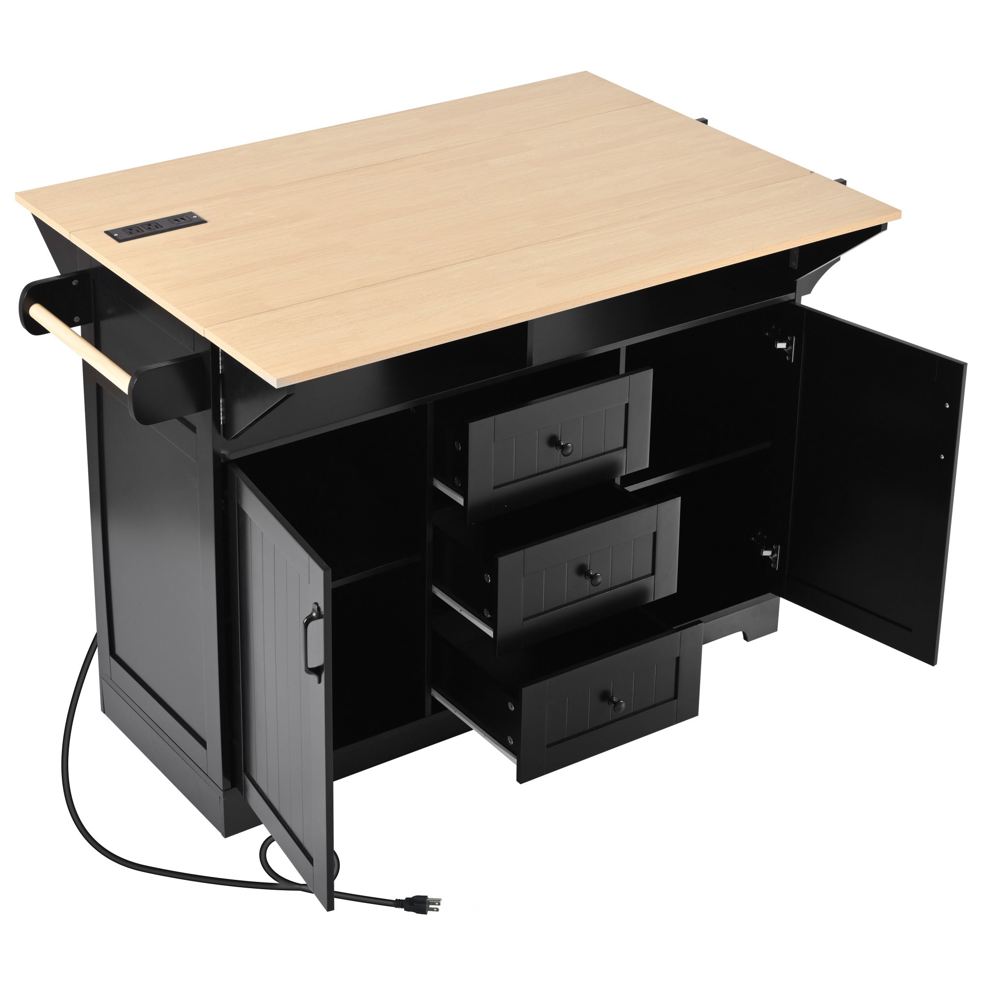 koorbiir k2 K&K 55.7" Large Kitchen Island with Storage, 2 Drop Leaves, Rolling Kitchen Cart with Power Outlet, Folding Dining Table, 3 Drawers & Spice/Towel Rack ¨C Mobile Kitchen Storage for Kitchen & Dining Room, Black
