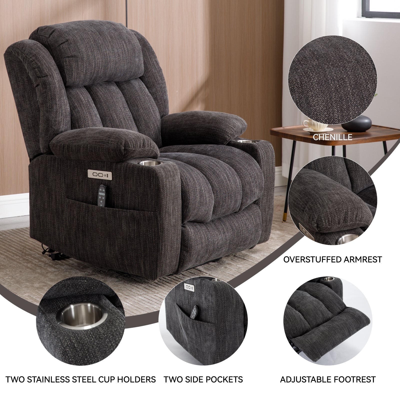 Up to 350 LBS Chenille Power Lift Massage Chair with 8 - Point Vibration, Lumbar Heating, USB & Type - C Ports, Stainless Steel Cup Holders ¨C Blue - Koorbiir