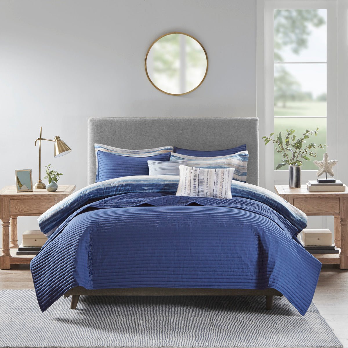 koorbiir be1 8 - Piece Blue Seersucker Comforter & Quilt Set ¨C King/Cal King Bedding Collections with Decorative Pillows & Shams - Koorbiir