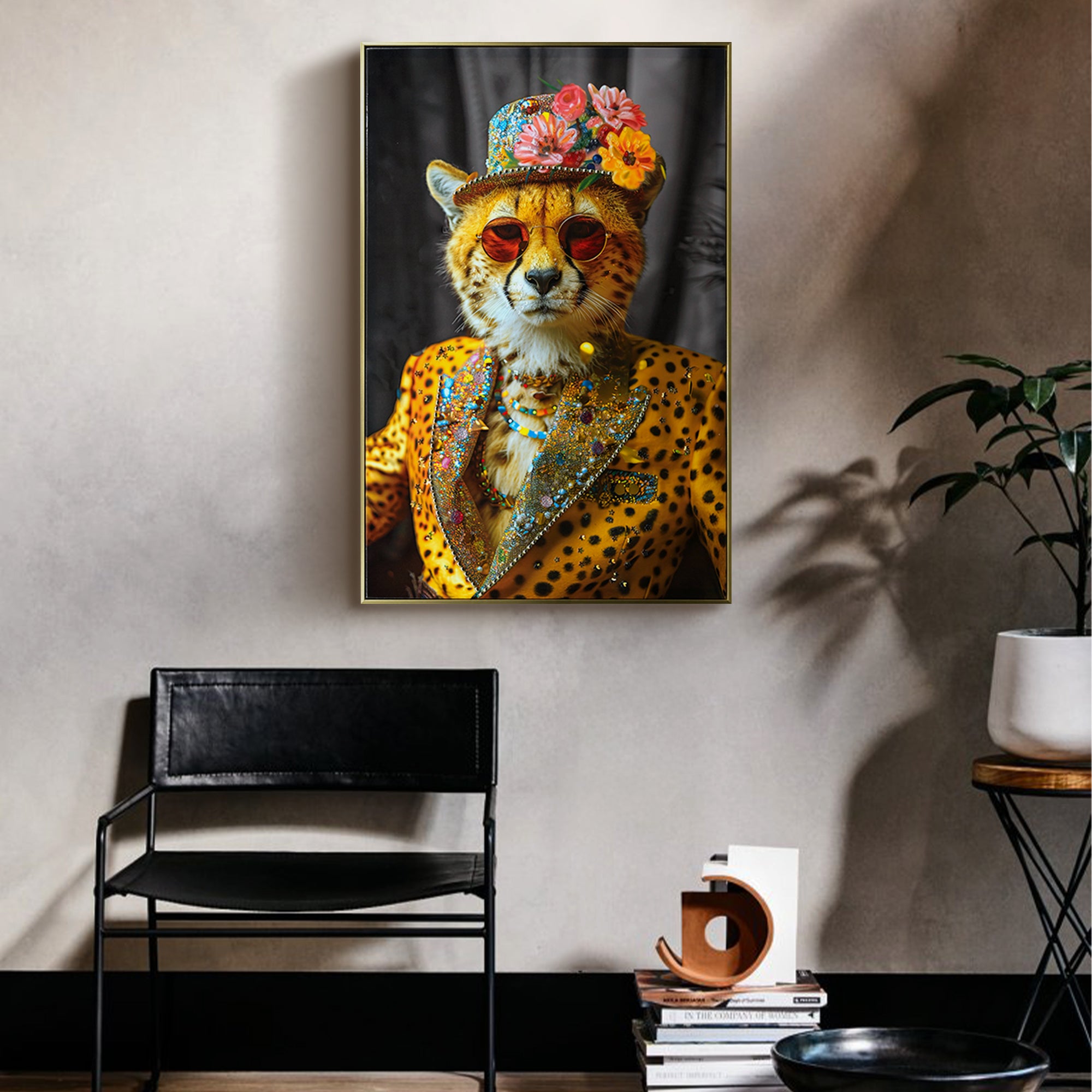koorbiir W1 Abstract Cheetah Wall Art ¨C Modern Leopard Print Canvas Painting with Sunglasses, Hat & Flowers for Living Room, Bedroom & Office Decor