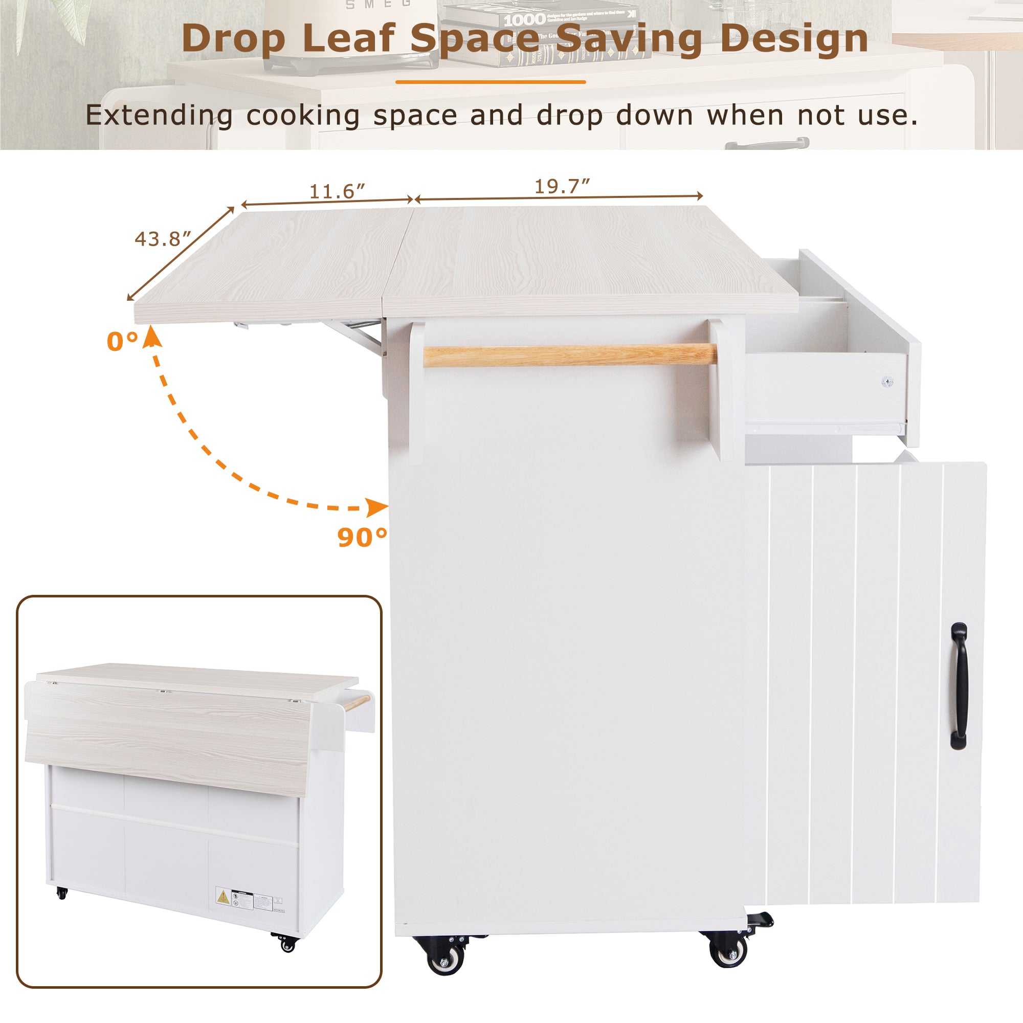 koorbiir k3 K&K Kitchen Island with Trash Can Storage, Drop Leaf Countertop, Spice & Towel Rack, Drawer Cabinet ¨C Rolling Kitchen Cart with Adjustable Shelves for Kitchen Storage, White