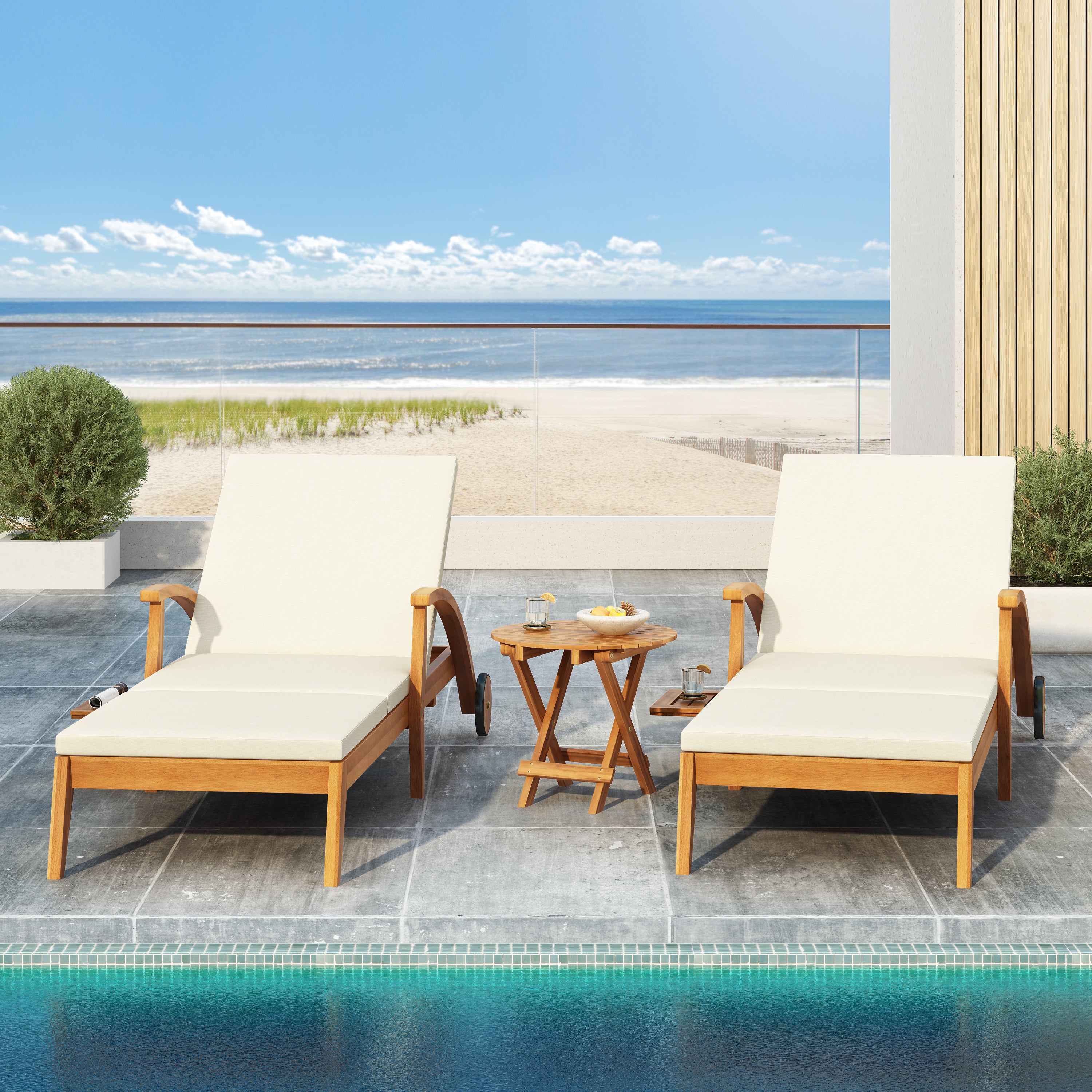 koorbiir f2 Foldable Table ¨C No Installation Needed, Adjustable Outdoor Acacia Wood Side Table in Teak Finish