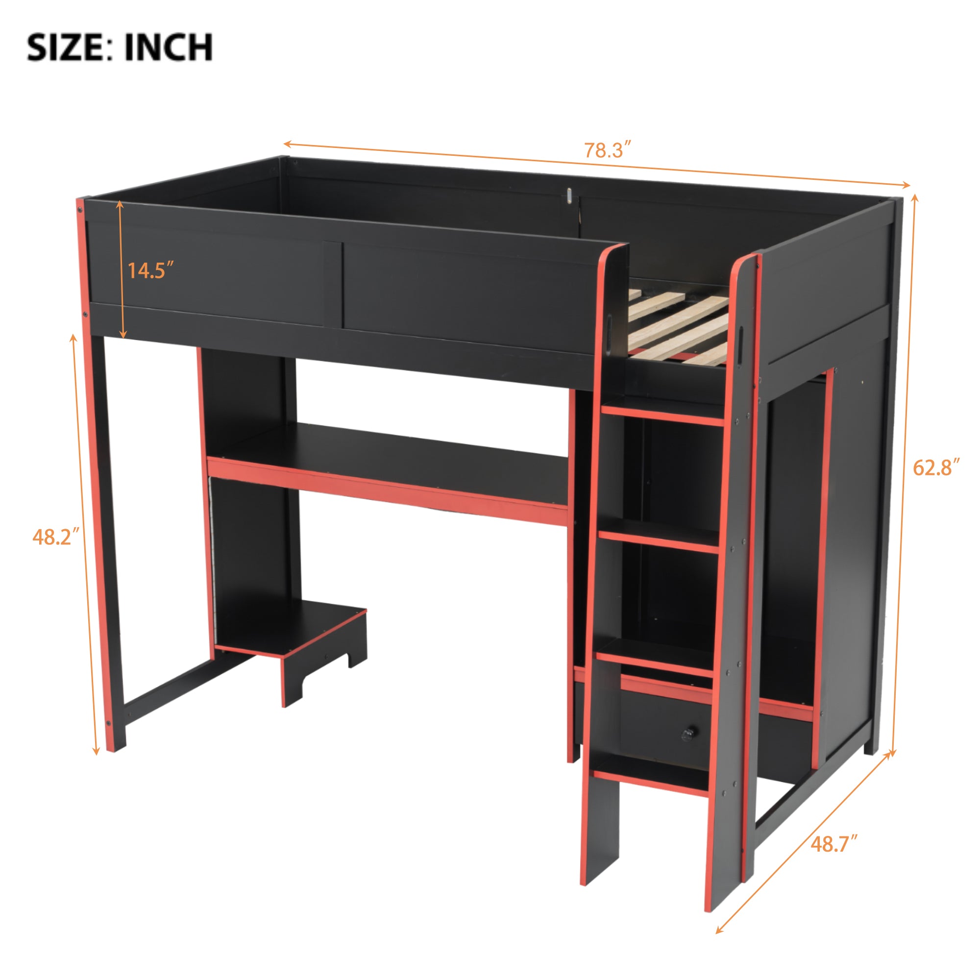 koorbiir G1 Wood Full-Size Gaming Loft Bed with Built-In Gaming Desk, Wardrobe, LED Lighting & Drawer ¨C Black