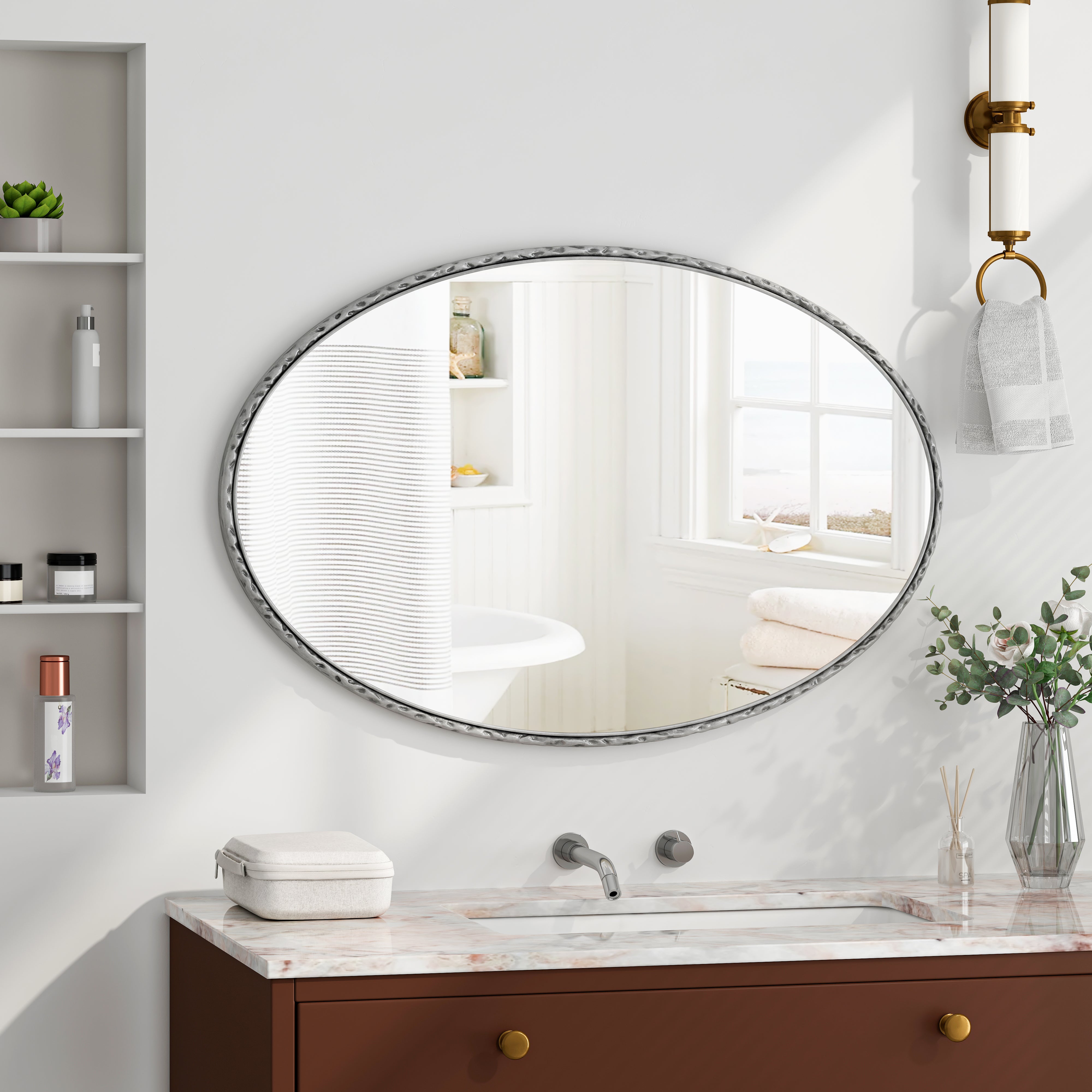 koorbiir w6 Iron Art Oval Retro Wall Mirror, Antique Silver Finish, Decorative Wall Hanging for Bathroom, Bedroom, Living Room