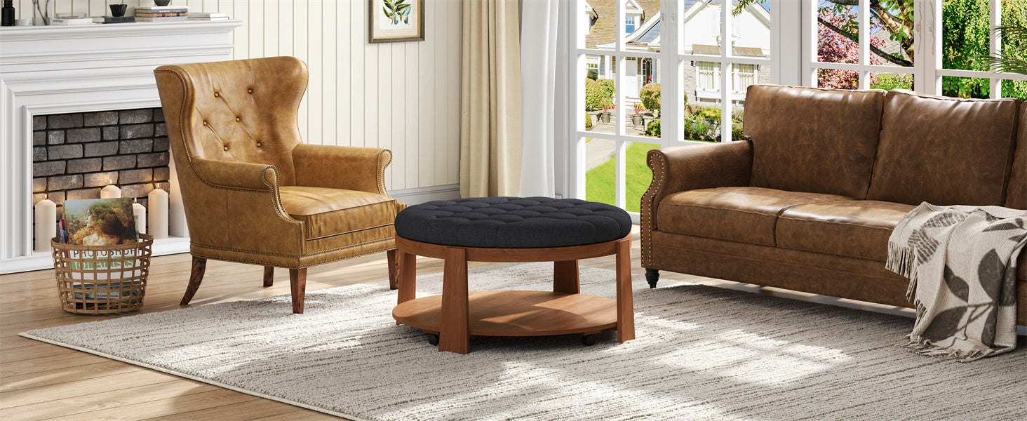 koorbiir ta1 Modern Large Round Ottoman Coffee Table with 2-Tier Wood Shelf Storage ¨C Oversized Button Tufted Upholstered Footrest Ottoman on Wheels, Waterproof Table Linens for Living Room