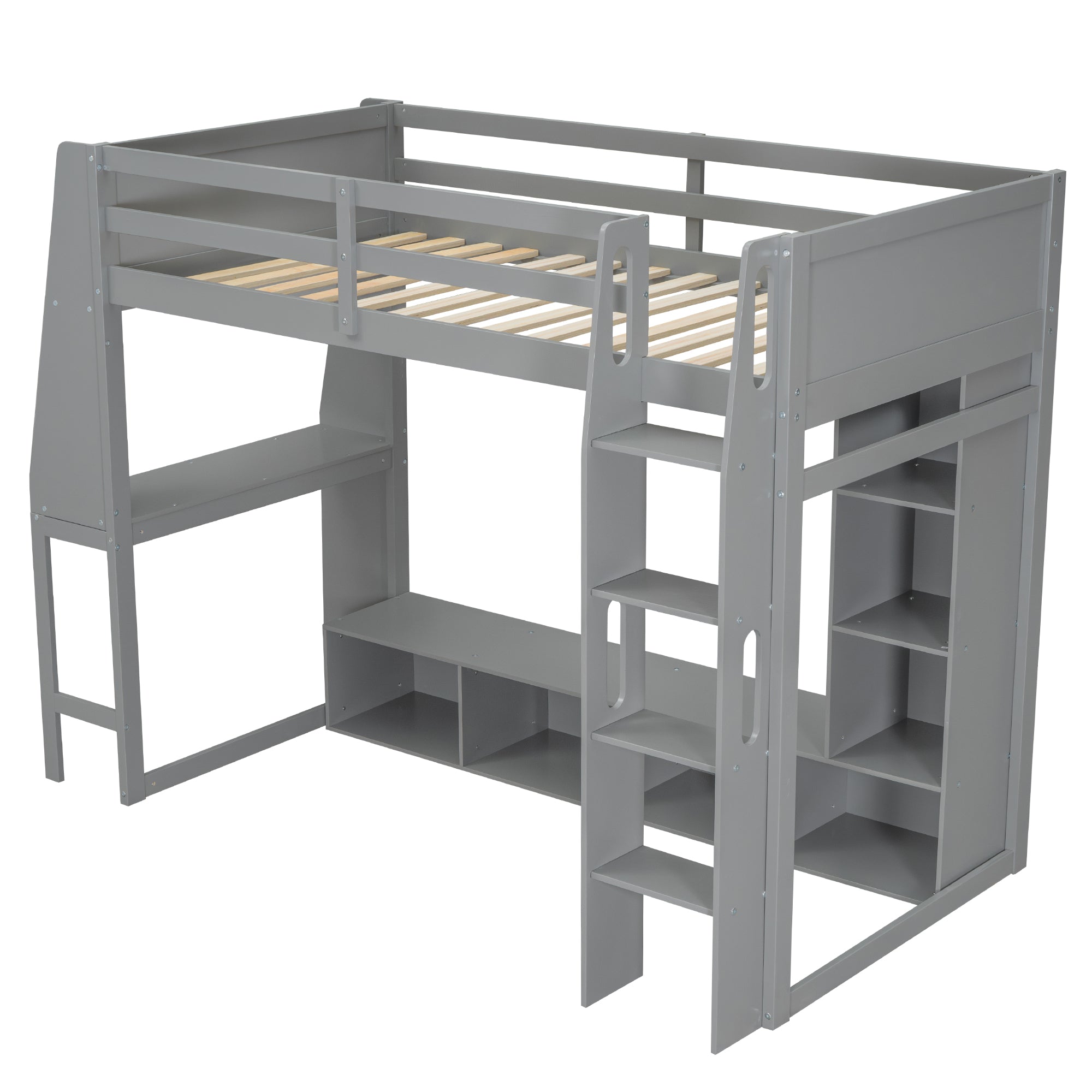 koorbiir G4 Wood Full Size Gaming Loft Bed with Built-In Gaming Desk, Multi-Storage Shelves, LED & Hanging Clothes Rack ¨C Gray