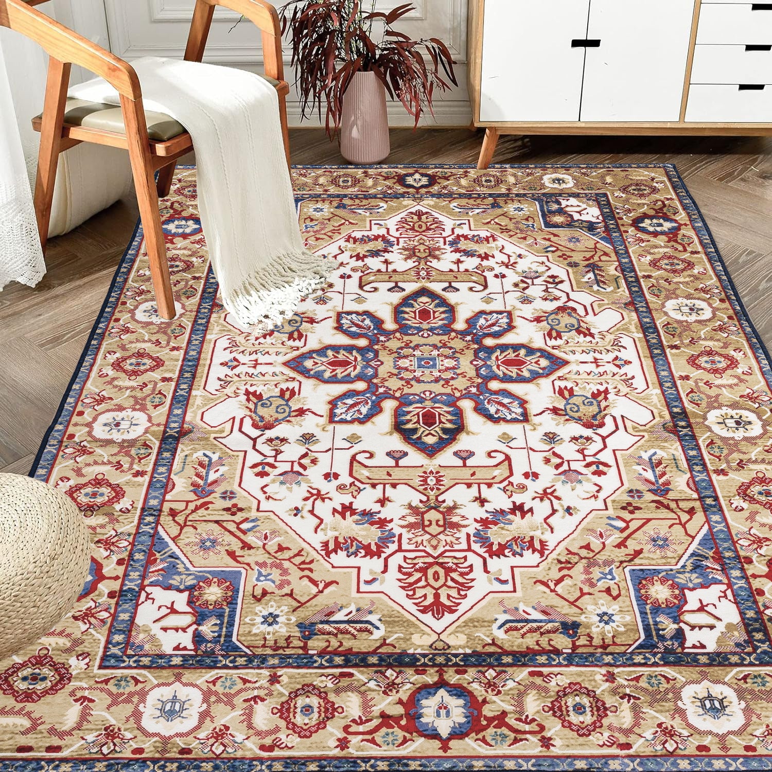 koorbiir R3 6x9 Vintage Bohemian Persian Area Rug ¨C Non-Slip Washable Rugs with Blue & Gold Floral Design for Living Room, Kitchen, Bedroom