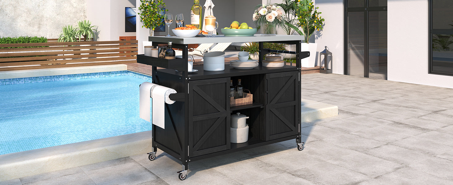 koorbiir k4 K&K Outdoor Kitchen Island & Rolling Bar Cart ¨C Solid Wood Grill Table with Stainless Steel Top, Spice & Towel Rack, Lockable Wheels for Patio, BBQ & Kitchen Storage, Grey Blue