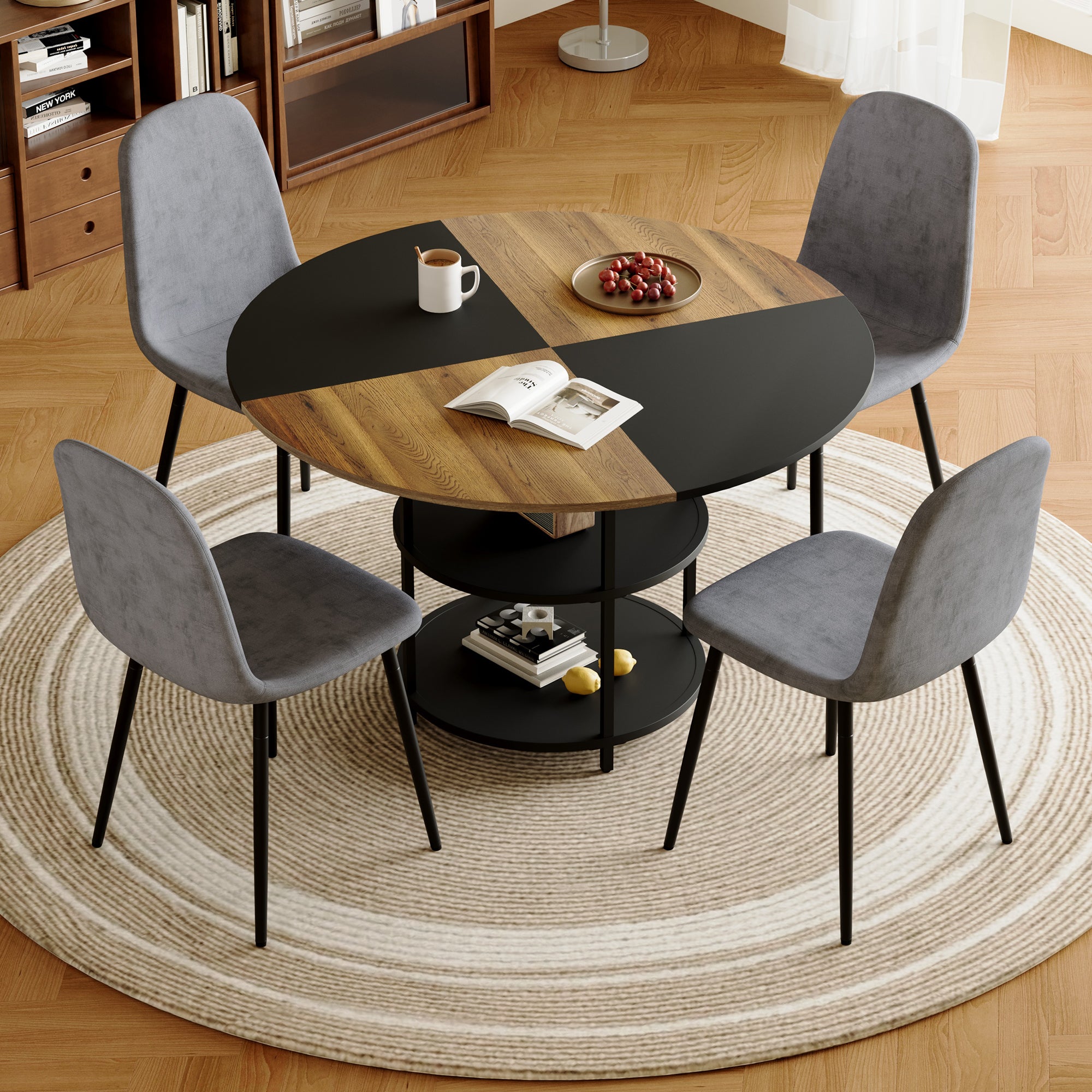 47.3" Modern Splicing Circular Dining Table with Double-Layer Storage ¨C 4 Black Linen-Cotton High-Resilience Chairs with Metal Legs, Table Linens Included