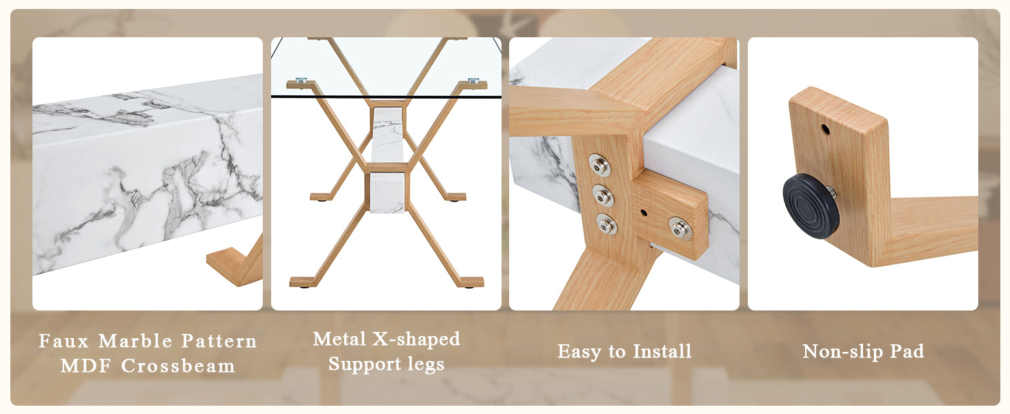 71" x 35.4" Transparent Tempered Glass Dining Table with X-Shaped Wood Color Metal Legs ¨C 6 Light Gray Linen Fabric Chairs, Modern Table Linens Set for Dining Room