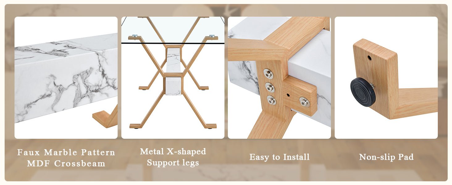 koorbiir ta7 71" x 35.4" Transparent Tempered Glass Dining Table with X - Shaped Wood Color Metal Legs ¨C 6 Light Gray Linen Fabric Chairs, Modern Table Linens Set for Dining Room - Koorbiir