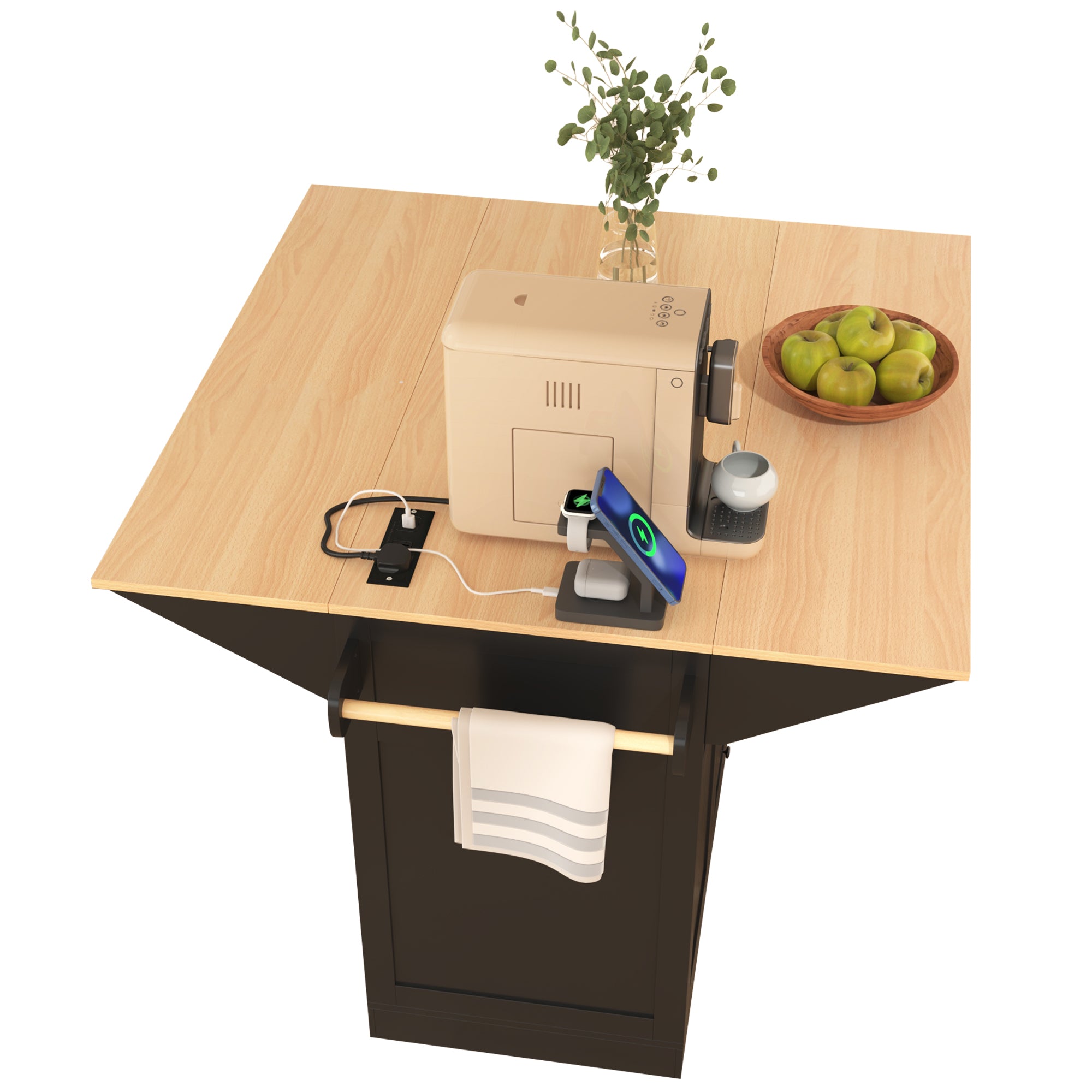 koorbiir k2 K&K 55.7" Large Kitchen Island with Storage, 2 Drop Leaves, Rolling Kitchen Cart with Power Outlet, Folding Dining Table, 3 Drawers & Spice/Towel Rack ¨C Mobile Kitchen Storage for Kitchen & Dining Room, Black