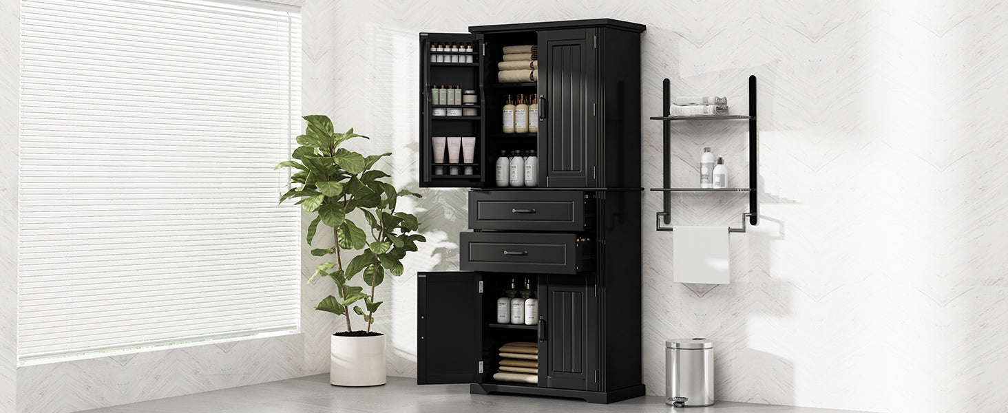koorbiir k8 Black Storage Cabinet with Adjustable Shelves and 2 Smooth-Gliding Drawers ¨C Multi-Functional Kitchen, Bathroom, Dining, and Living Room Storage Solution