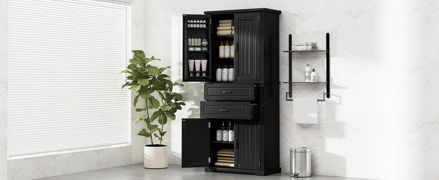 koorbiir k8 Black Storage Cabinet with Adjustable Shelves and 2 Smooth - Gliding Drawers ¨C Multi - Functional Kitchen, Bathroom, Dining, and Living Room Storage Solution - Koorbiir