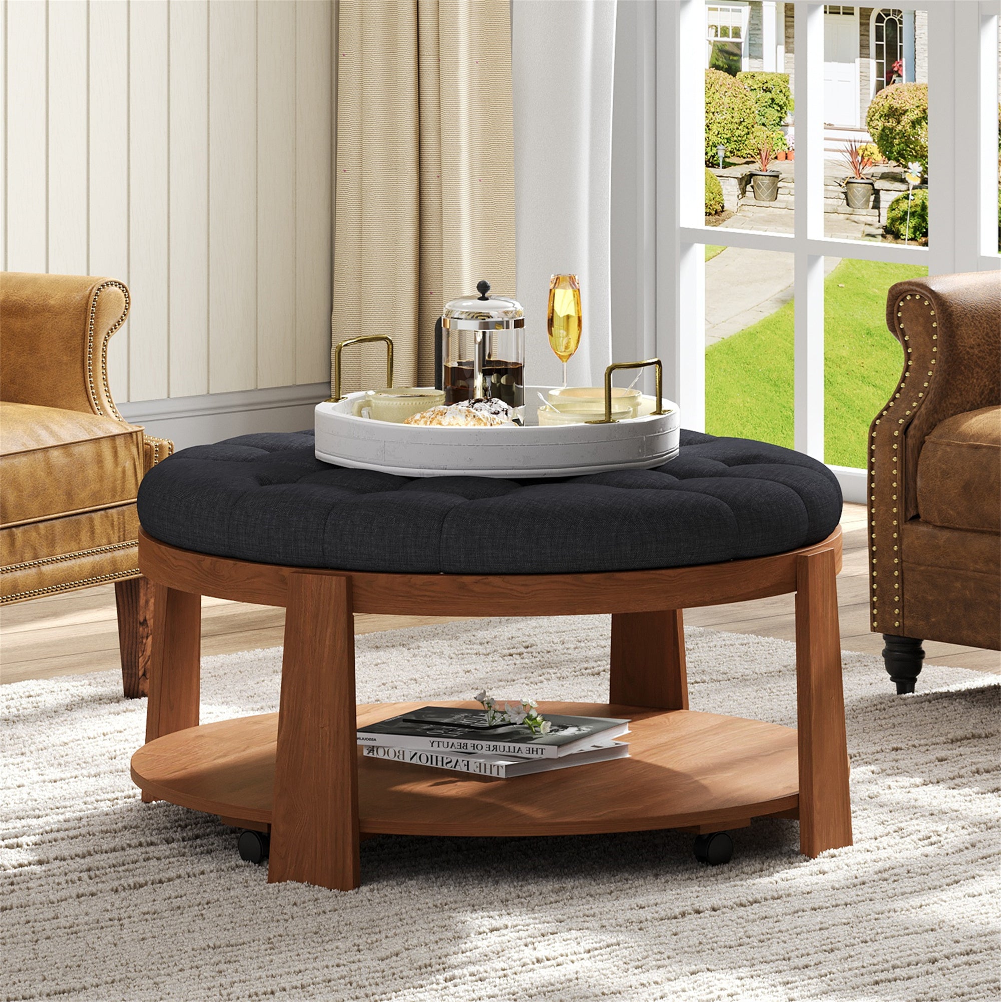 koorbiir ta1 Modern Large Round Ottoman Coffee Table with 2-Tier Wood Shelf Storage ¨C Oversized Button Tufted Upholstered Footrest Ottoman on Wheels, Waterproof Table Linens for Living Room