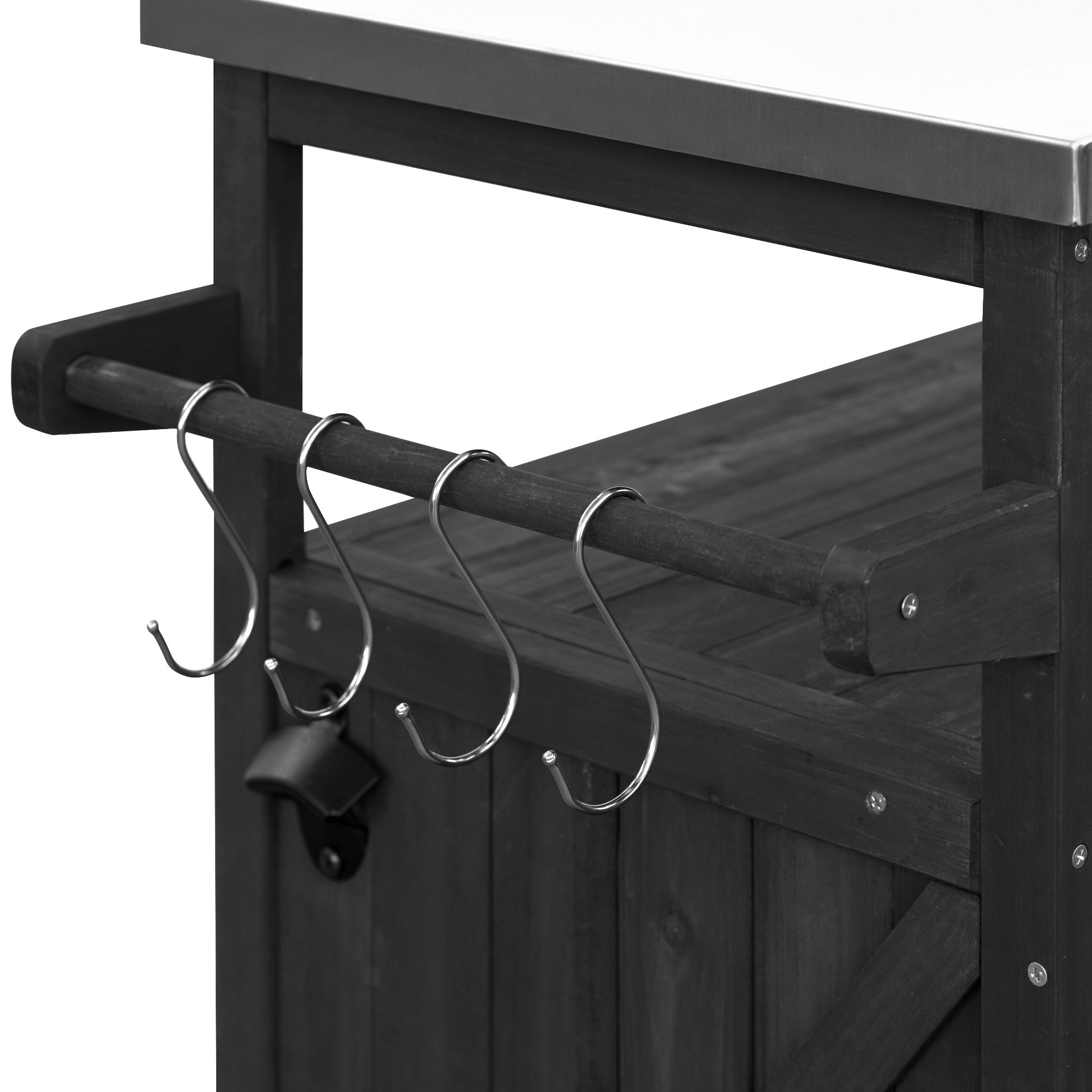 koorbiir k4 K&K Outdoor Kitchen Island & Rolling Bar Cart ¨C Solid Wood Grill Table with Stainless Steel Top, Spice & Towel Rack, Lockable Wheels for Patio, BBQ & Kitchen Storage, Grey Blue