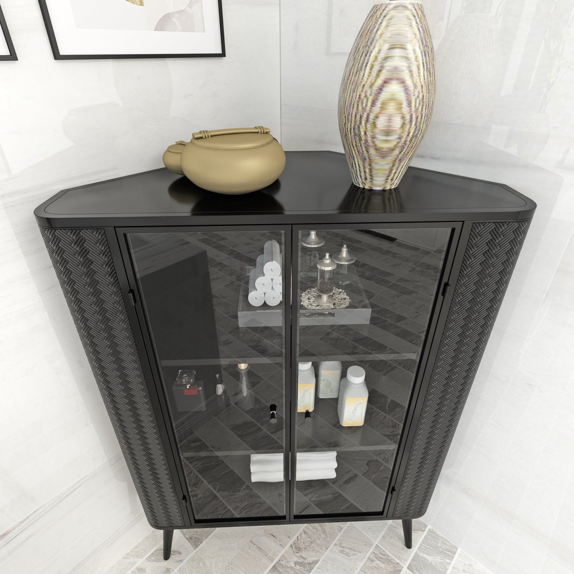 Modern 3-Tier Corner Storage Cabinet with Tempered Glass Doors ¨C Freestanding Metal Frame Organizer for Bathroom Organization, Kitchen, Bedroom, and Small Spaces