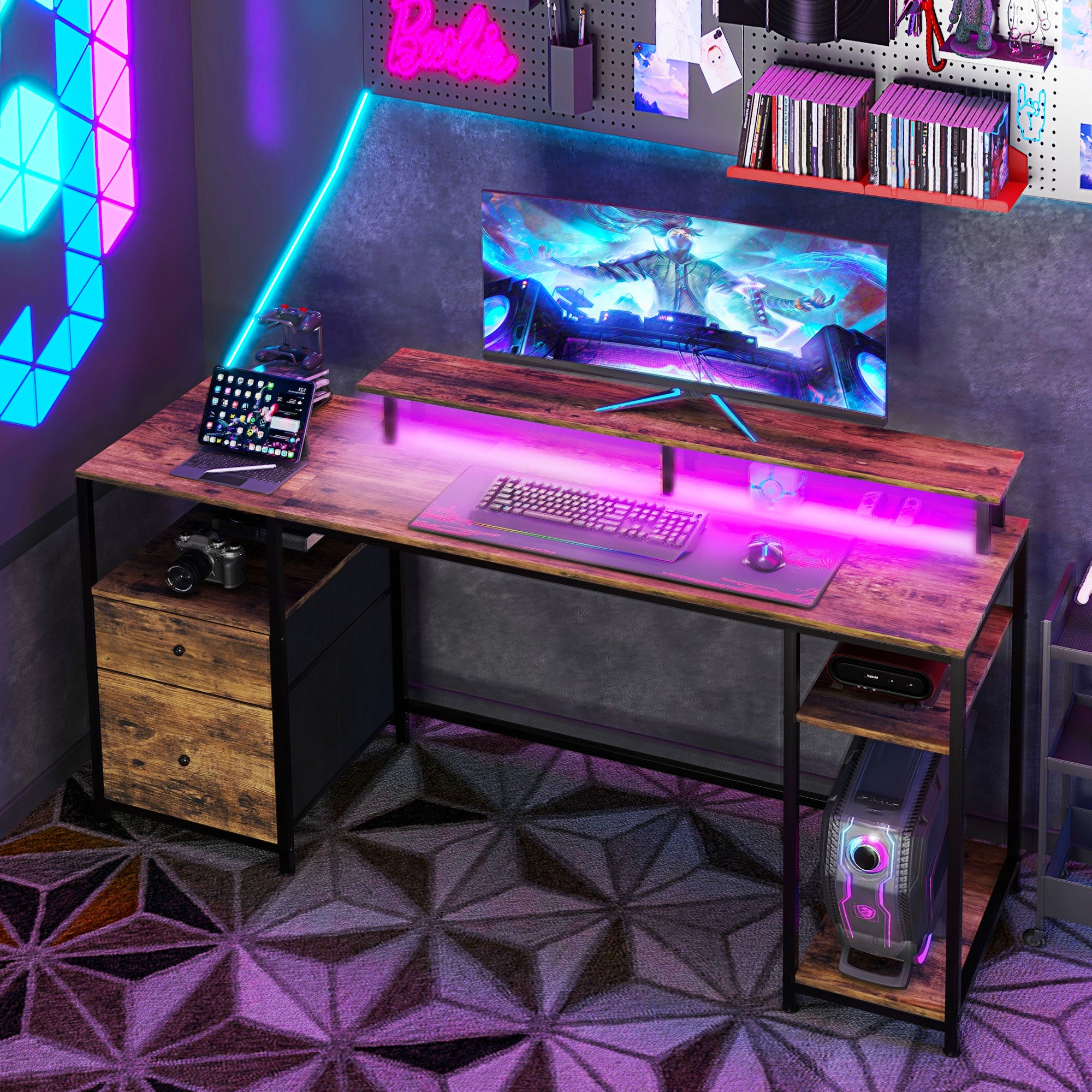 koorbiir d5 61" Standing Desk with LED Lights, Power Outlets, USB Ports, Storage Shelves, Monitor Stand & Drawers ¨C Rustic Brown