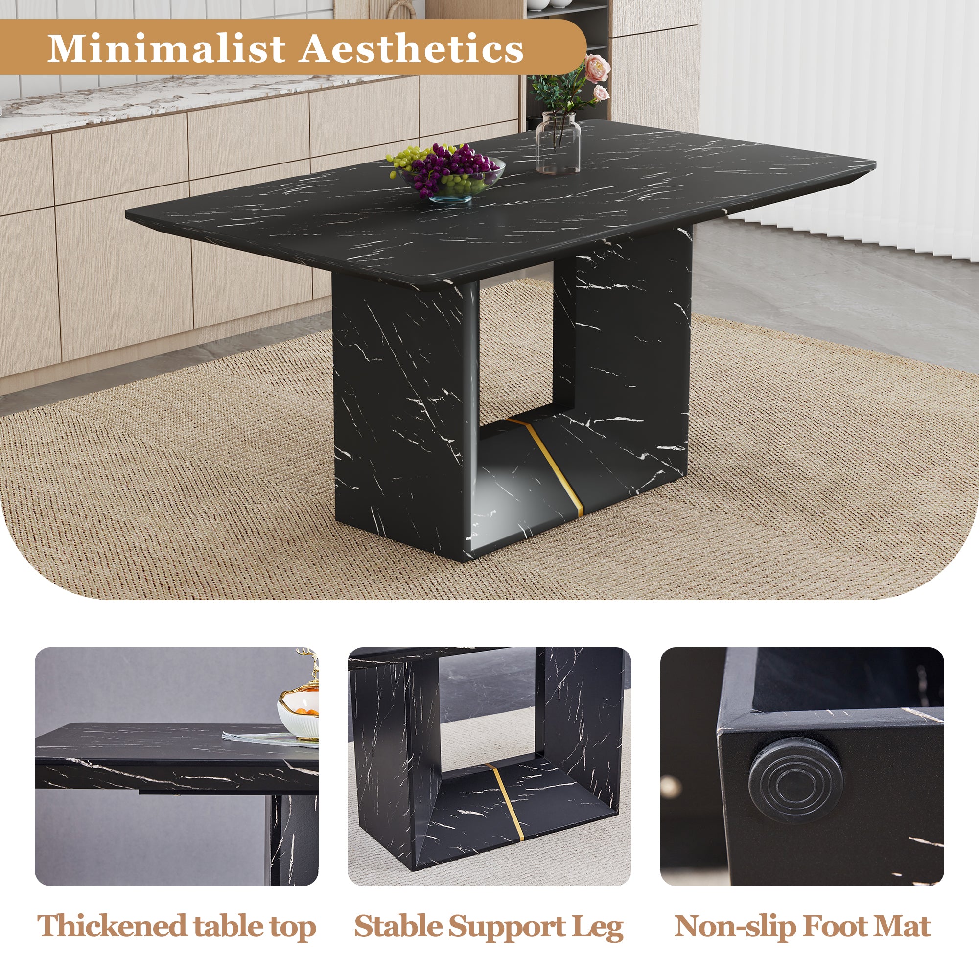 63" x 35.4" Black Marble Pattern Dining Table Set with 4 Dark Gray Linen Chairs ¨C Modern MDF Table with O-Shaped Legs, Metal Frame & Table Linens for Kitchen or Dining Room
