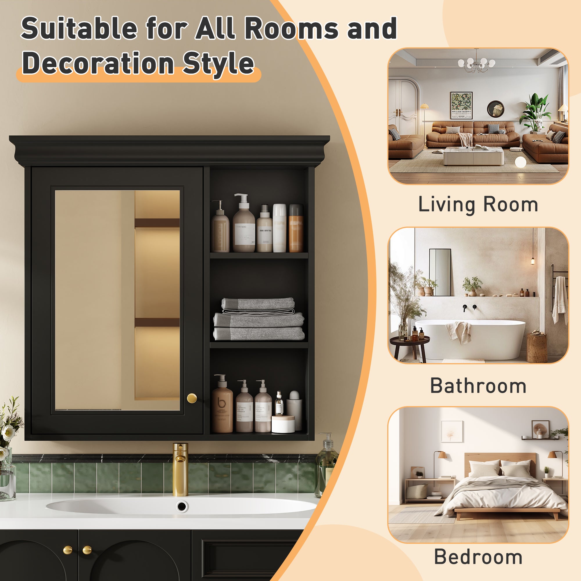 30'' x 28'' Wall-Mounted Bathroom Medicine Cabinet with Mirror ¨C Over Toilet Storage Organizer for Bathroom Organization, Black MDF Cabinet