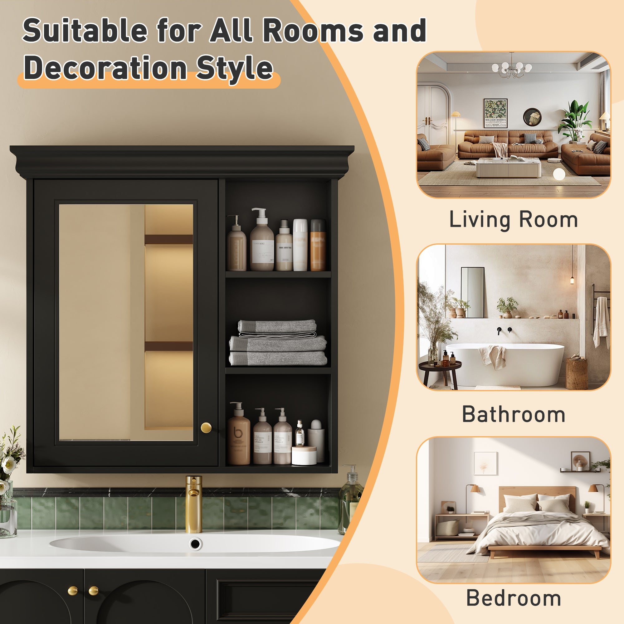 koorbiir ba6 30'' x 28'' Wall - Mounted Bathroom Medicine Cabinet with Mirror ¨C Over Toilet Storage Organizer for Bathroom Organization, Black MDF Cabinet - Koorbiir