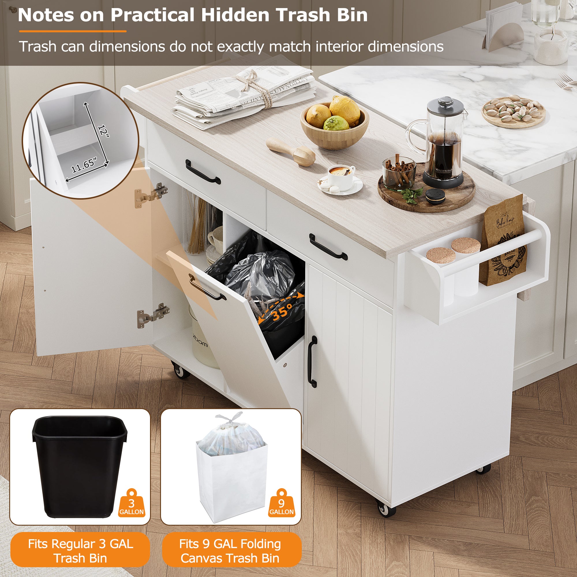 koorbiir k3 K&K Kitchen Island with Trash Can Storage, Drop Leaf Countertop, Spice & Towel Rack, Drawer Cabinet ¨C Rolling Kitchen Cart with Adjustable Shelves for Kitchen Storage, White