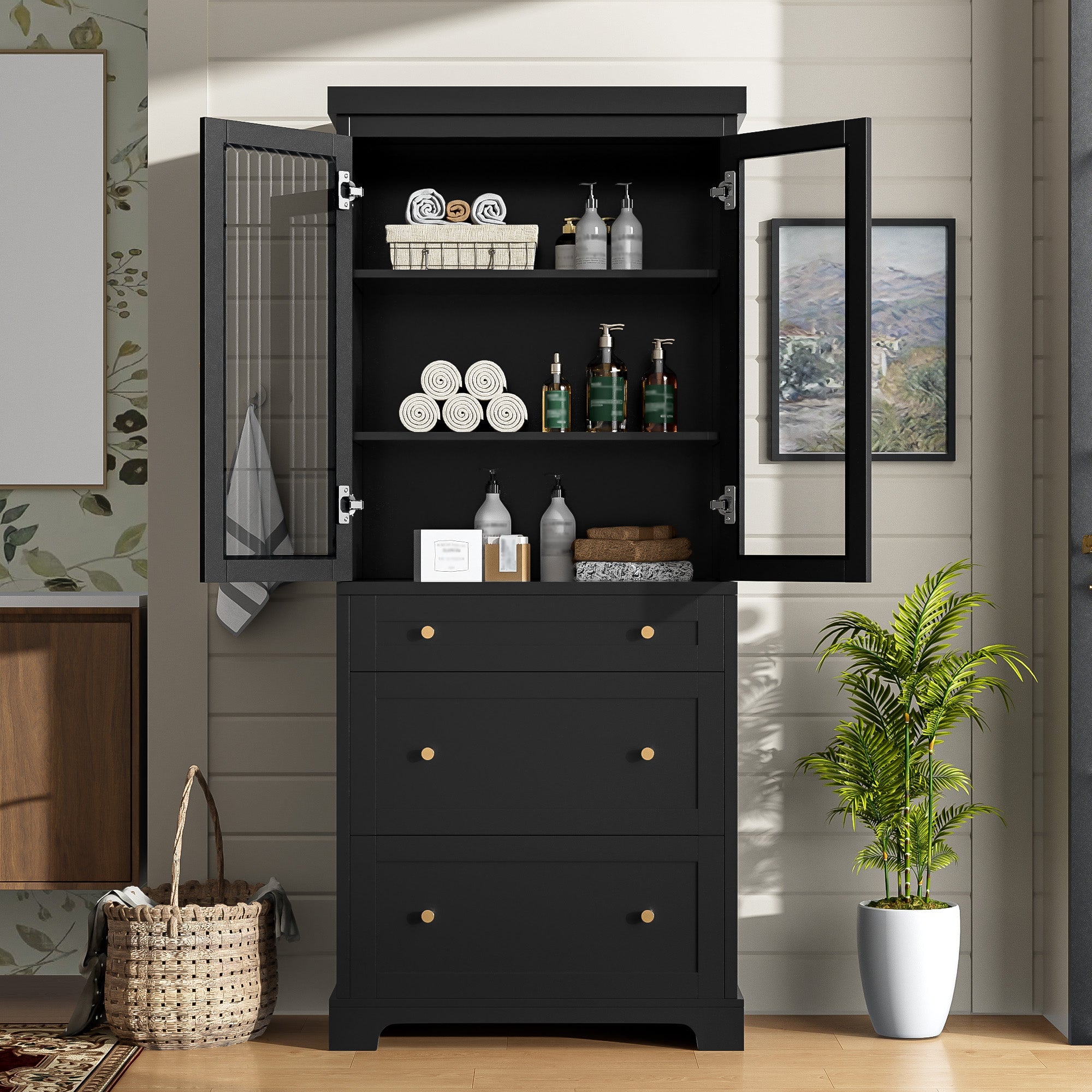 koorbiir k9 70.1" Modern High Freestanding Tall Bathroom Cabinet with 2 Adjustable Shelves & 3 Drawers ¨C Soft - Close Glass Doors, Luxury Metal Handles, Versatile Bathroom, Kitchen, and Living Room Storage - Koorbiir